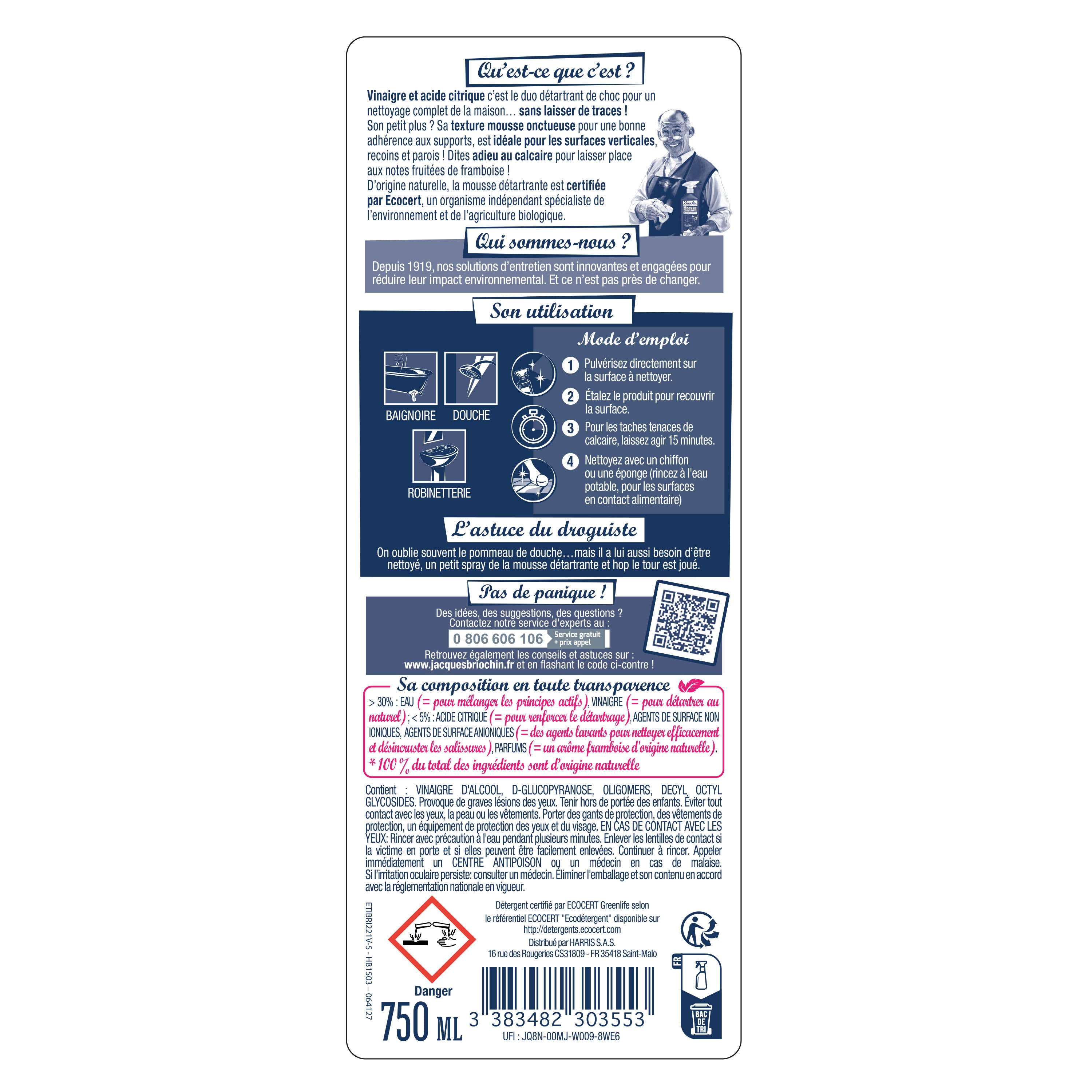 JACQUES BRIOCHIN - Mousse détartrante au vinaigre et à l'acide citrique 750ml Framboise