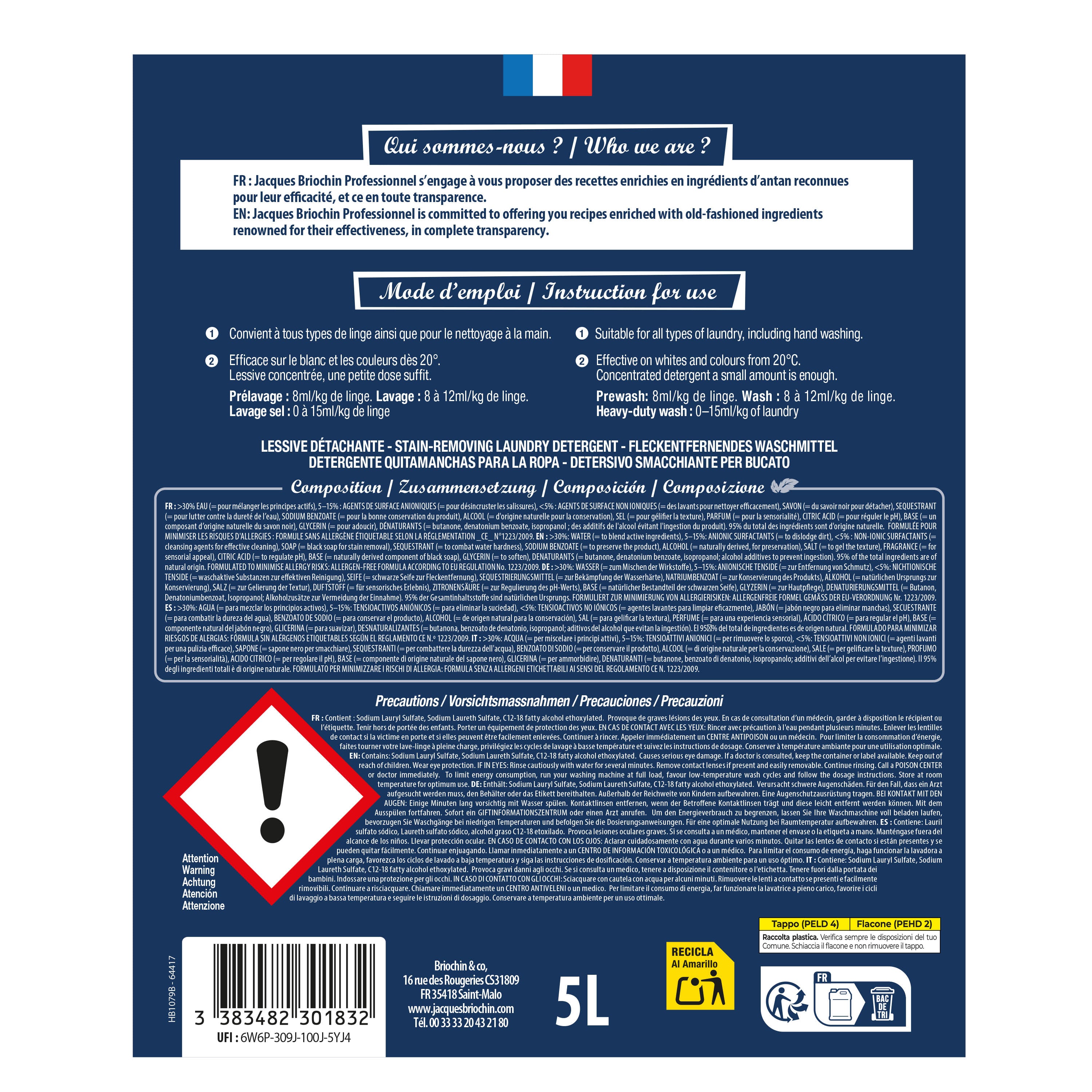 JACQUES BRIOCHIN PRO - La Lessive au Savon Noir - Détachante 5L Parfum bouquet floral