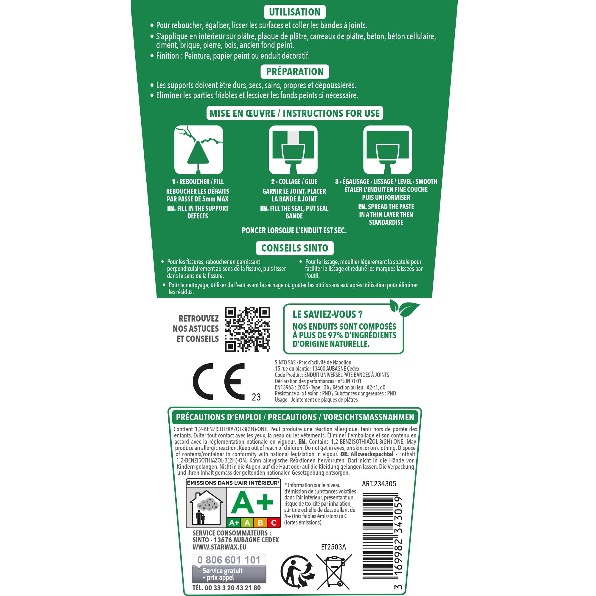 SINTO - Enduit universel pâte 330g Blanc