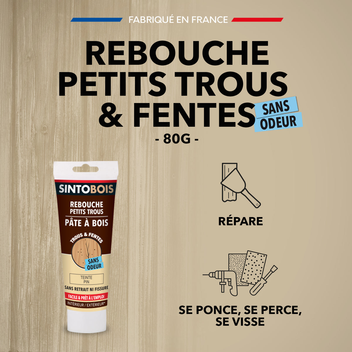 SINTO - Rebouche imperfections - Pâte à bois naturel 80g Blanc