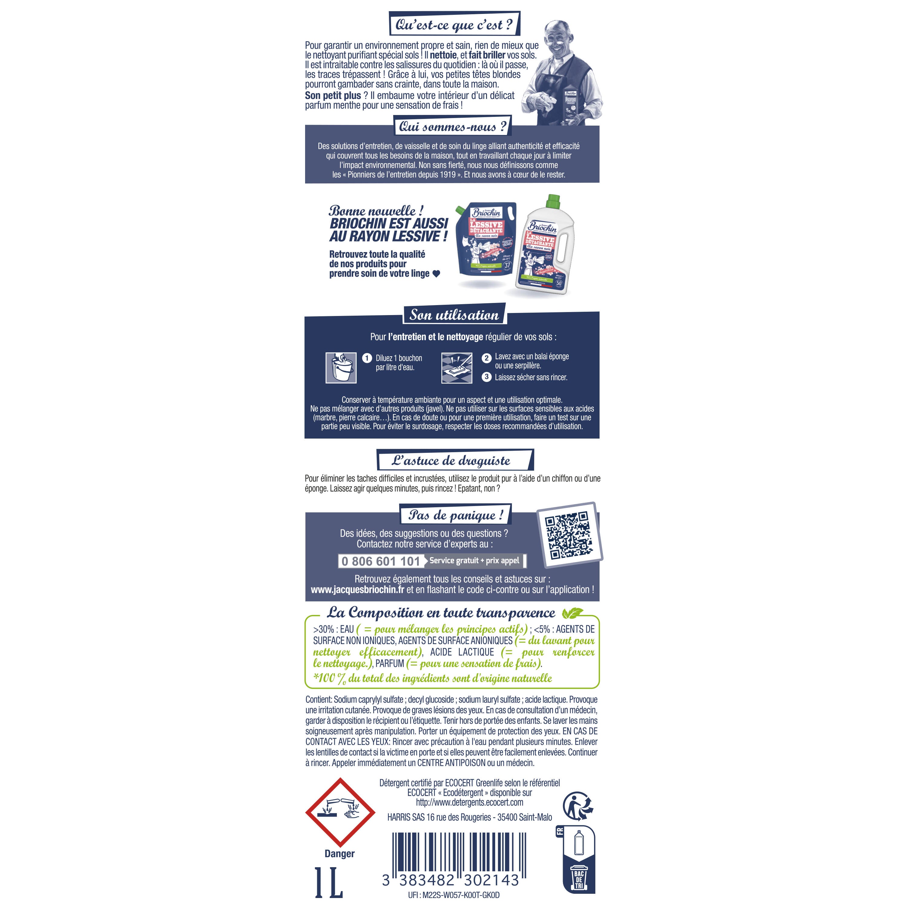 JACQUES BRIOCHIN - Nettoyant purifiant Sols et surfaces 1L Menthe eucalyptus