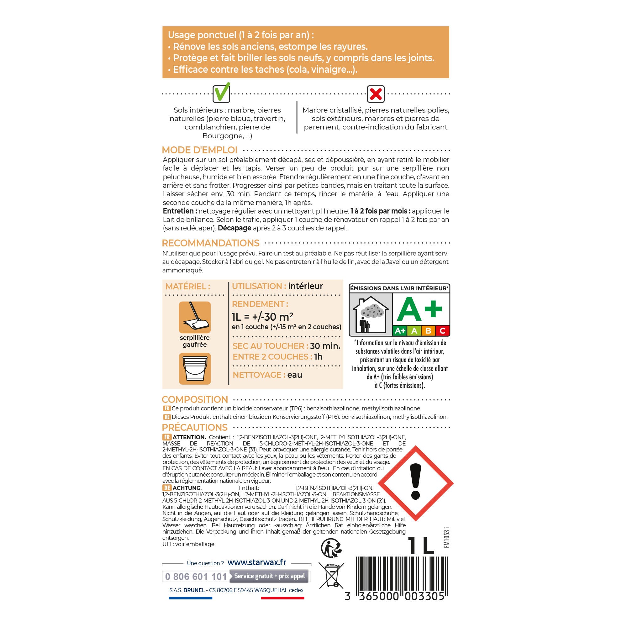 STARWAX - Rénovateur brillant protecteur pour marbres et pierres naturelles
1L