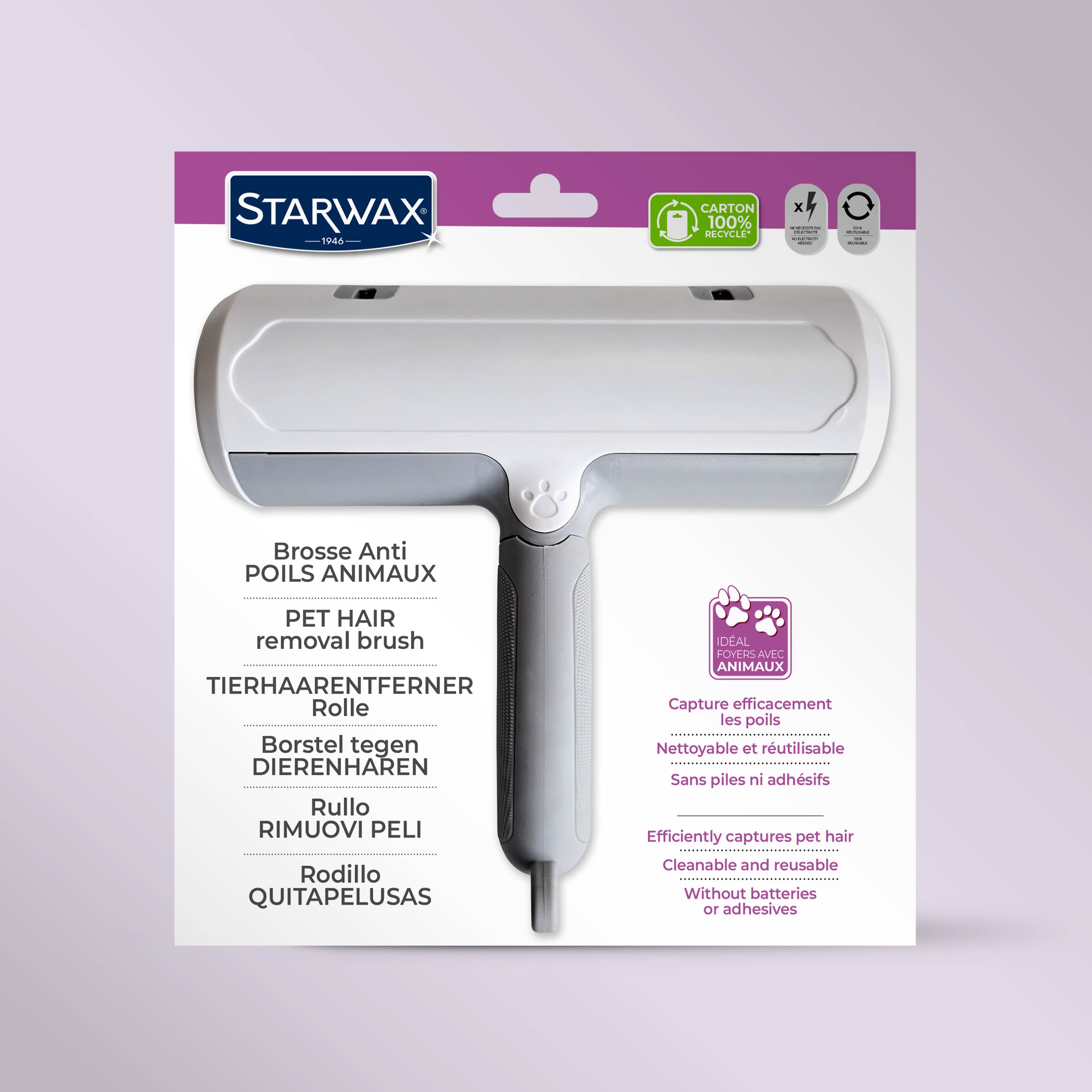 STARWAX - Brosse anti-poils animaux 1 Blanche et gris