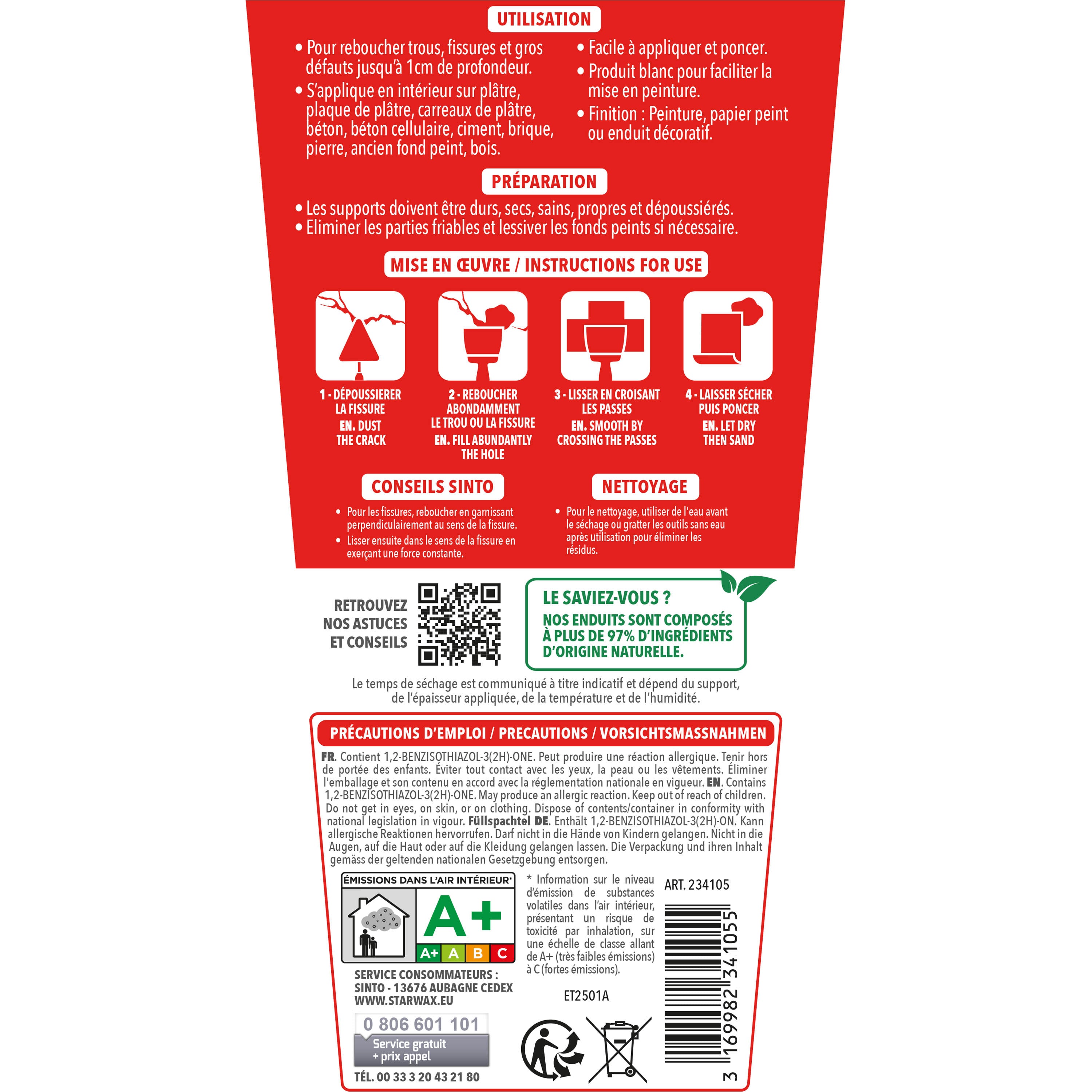 SINTO - Enduit rebouchage pâte 1kg Blanc