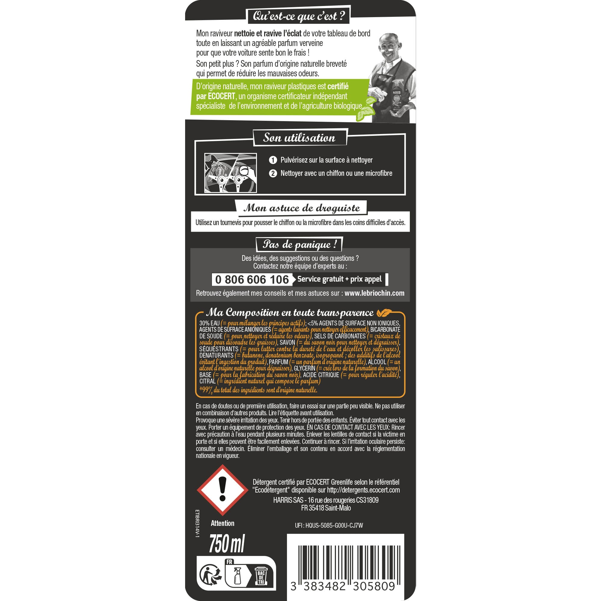 JACQUES BRIOCHIN - Raviveur surfaces plastiques au bicarbonate de soude 750ml Fleur de coton