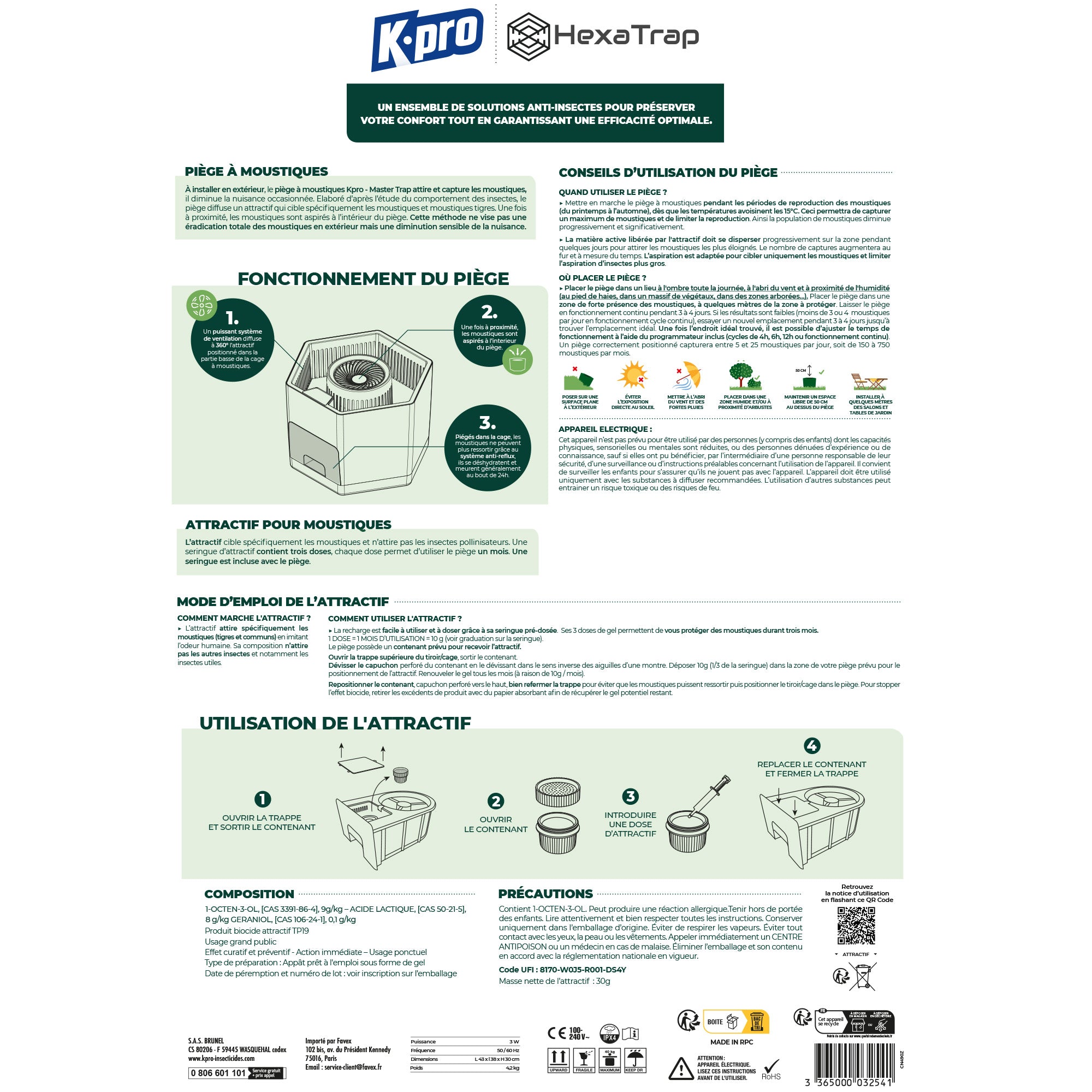 K.PRO - Piège électrique à moustiques et moustiques tigres + 1 seringue d'attractif 1 Piège + 1 seringue d'attractif