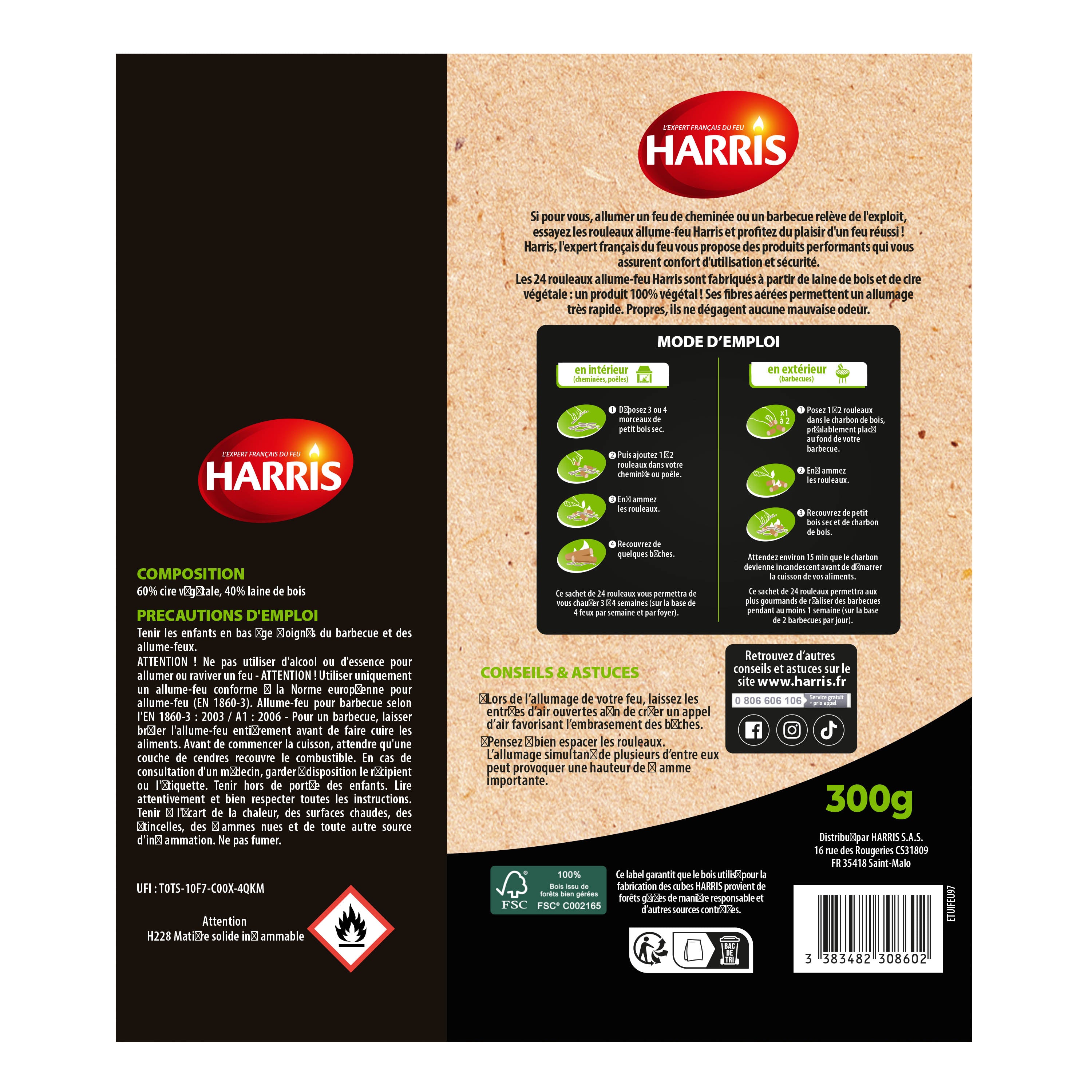 HARRIS - 24 rouleaux allume-feu 100% naturels FSC® x24