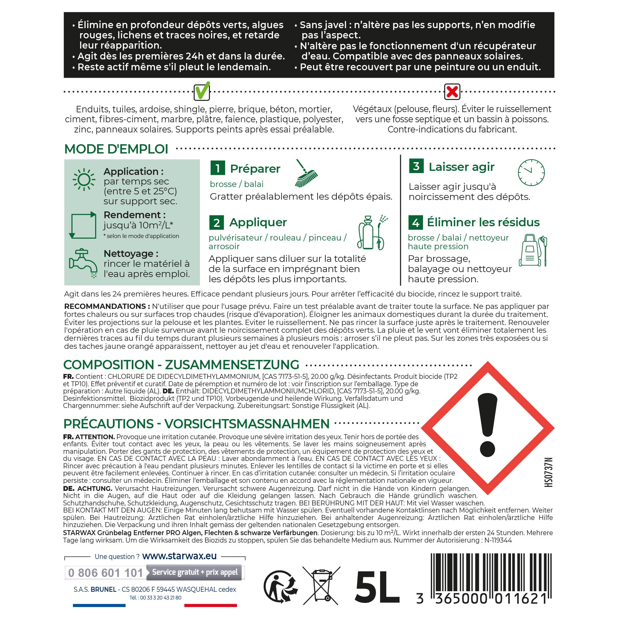 STARWAX - Destructeur de dépôts verts, rouges, lichens et traces noires prêt à l'emploi pour toitures, murs et sols extérieurs 1L