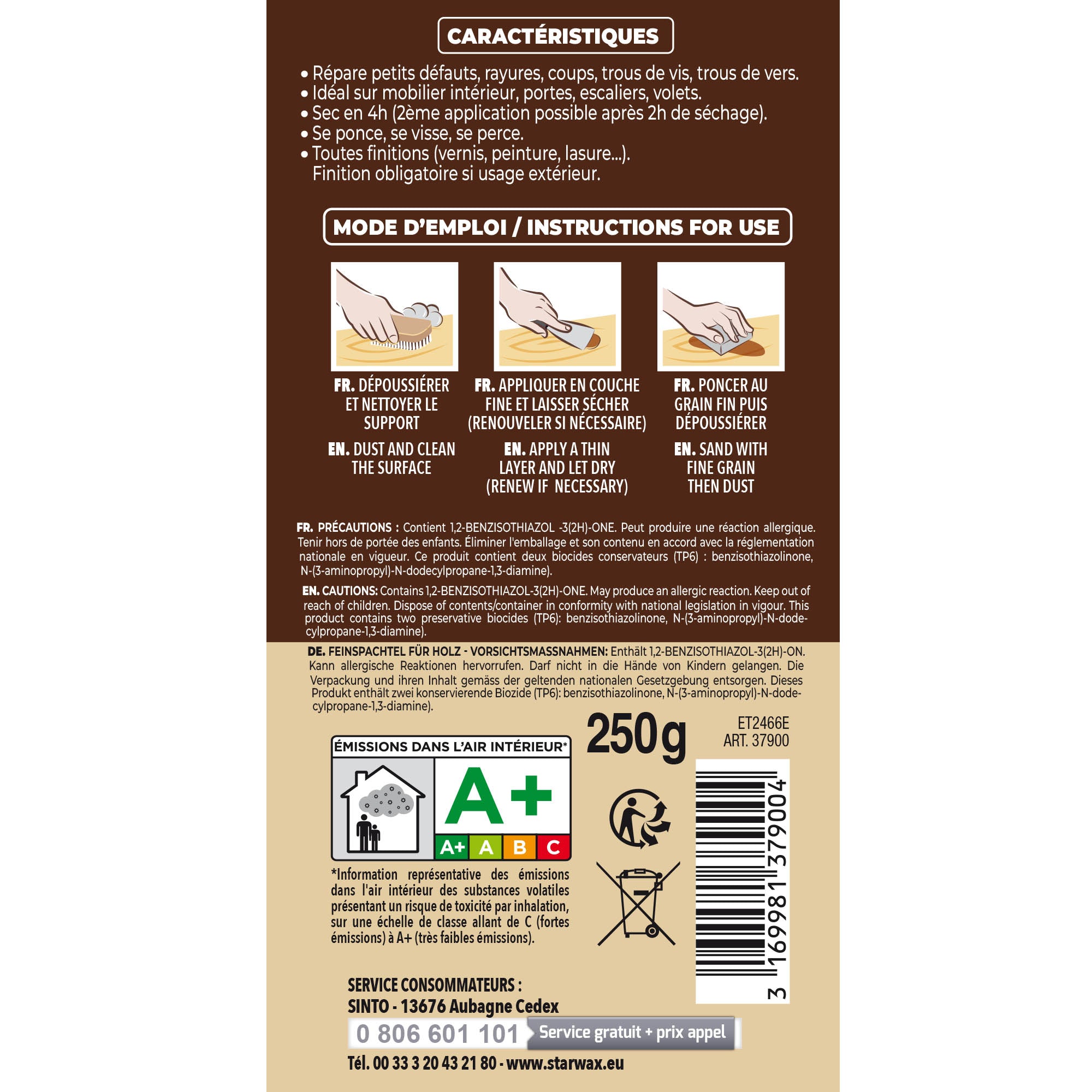 SINTO - Rebouche imperfections - Pâte à bois naturel 80g Blanc