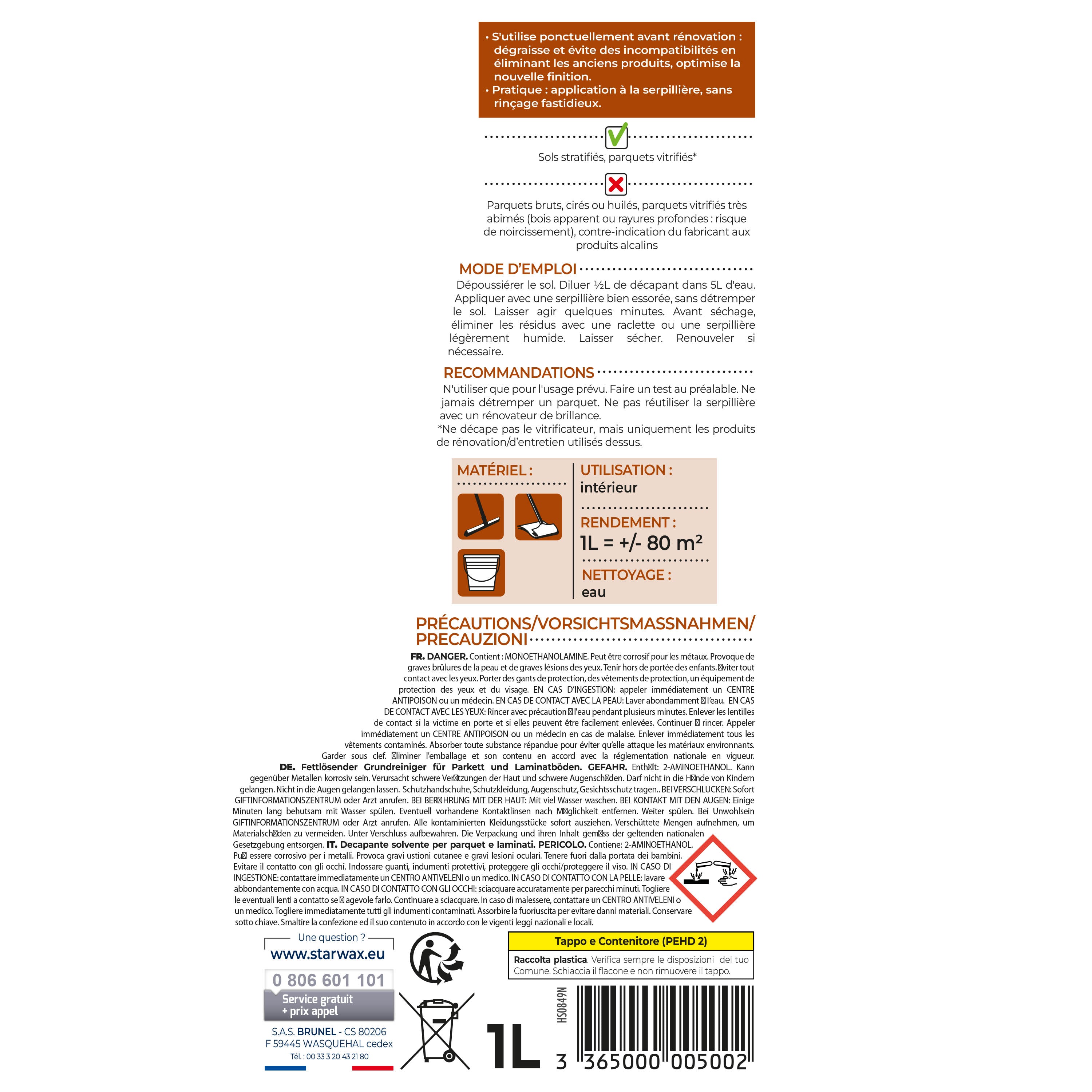 STARWAX - Décapant dégraissant Parquets et stratifiés (avant rénovation) 1L