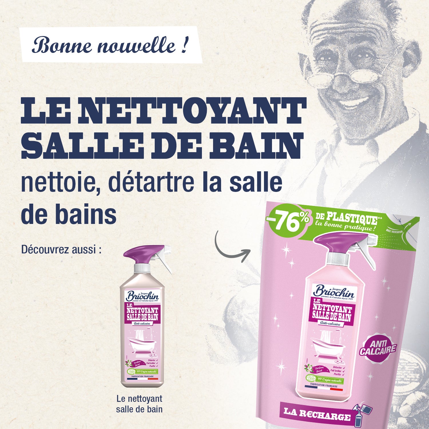 JACQUES BRIOCHIN - Recharge Nettoyant Salle de bain parfum floral 750ml Parfum floral