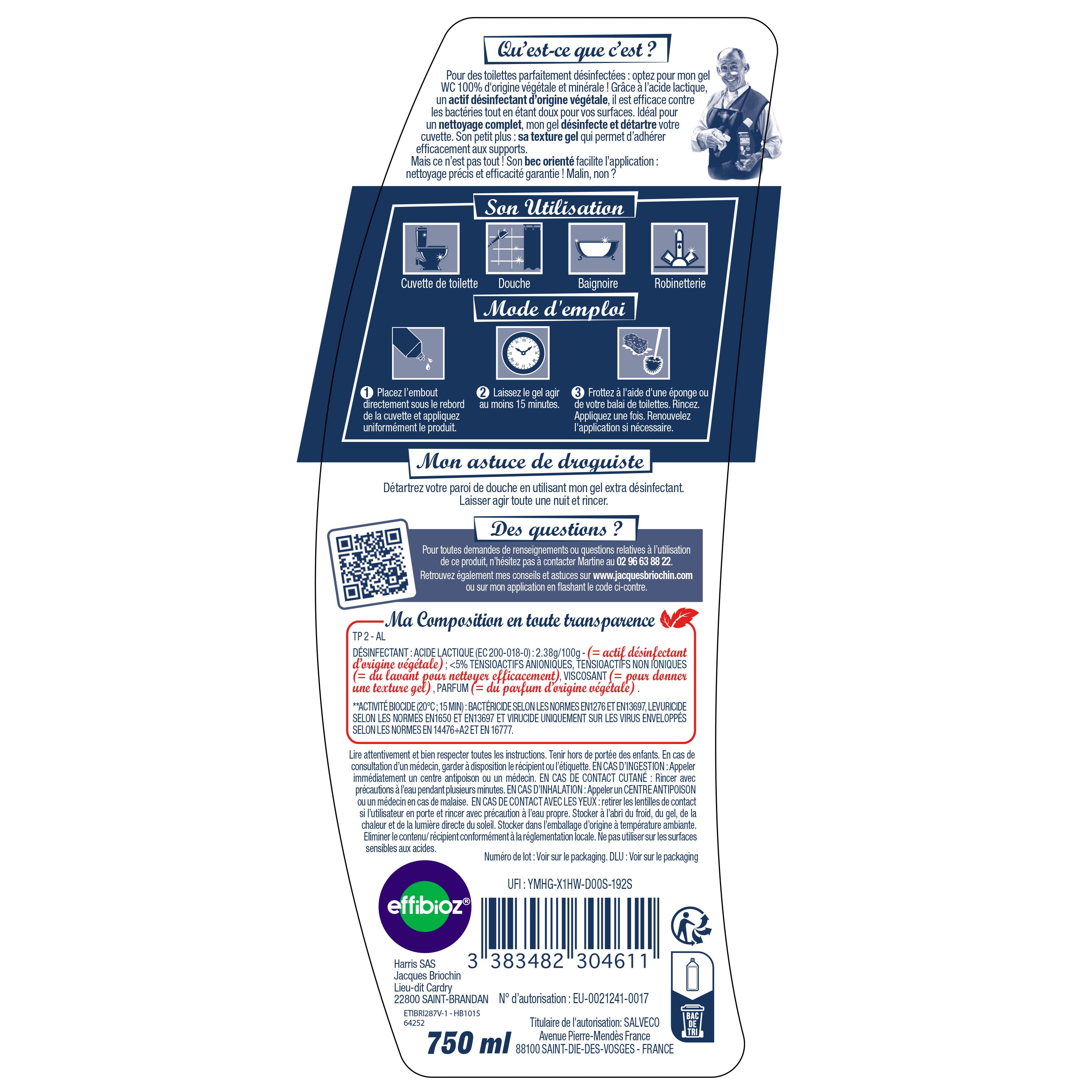 JACQUES BRIOCHIN - Gel WC désinfectant 750ml Eucalyptus