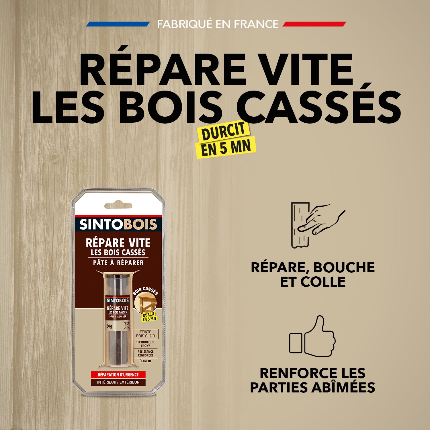 SINTO - Répare vite, pâte à réparer bois epoxy 35g Bois clair