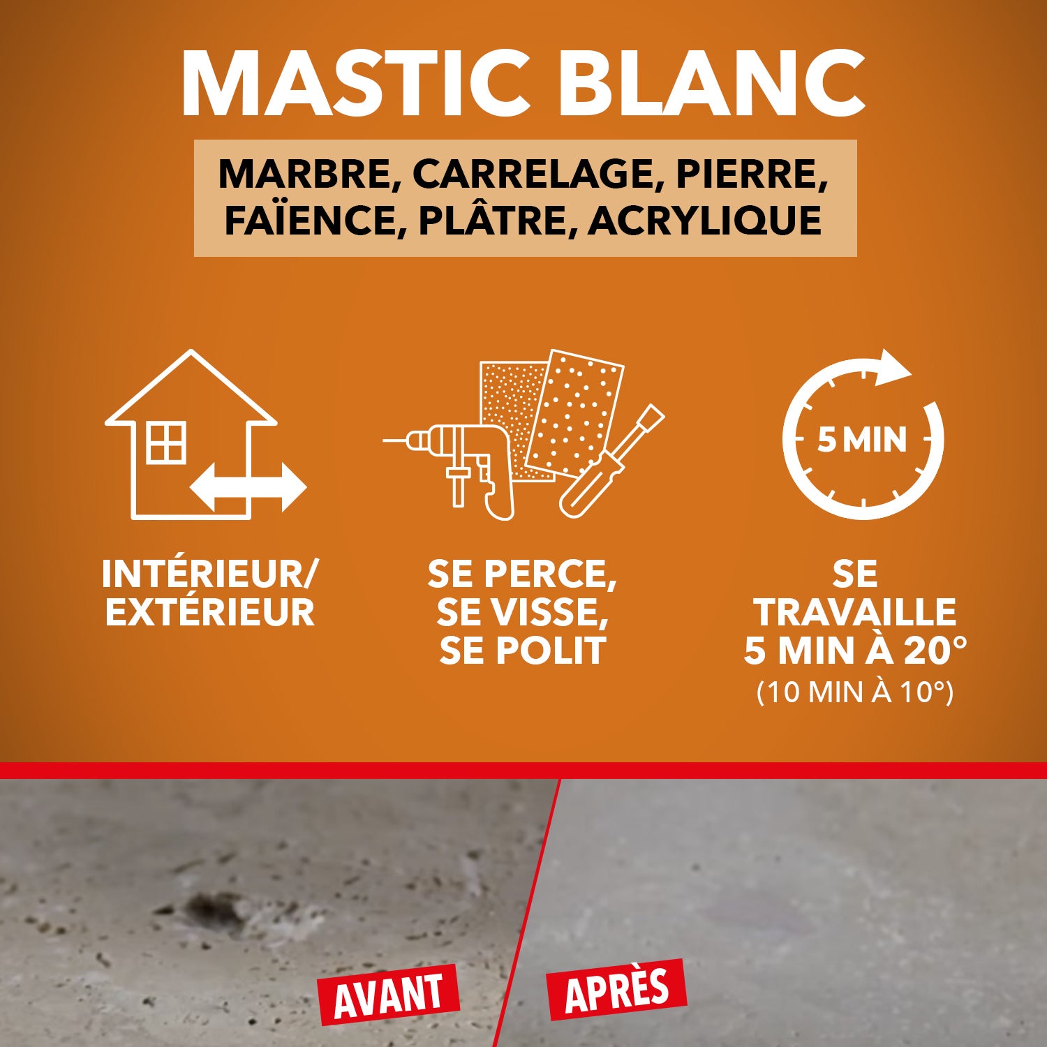 SINTO - Répare sols et murs blanc (marbre, faïence, carrelage, plâtre) 280g Blanc