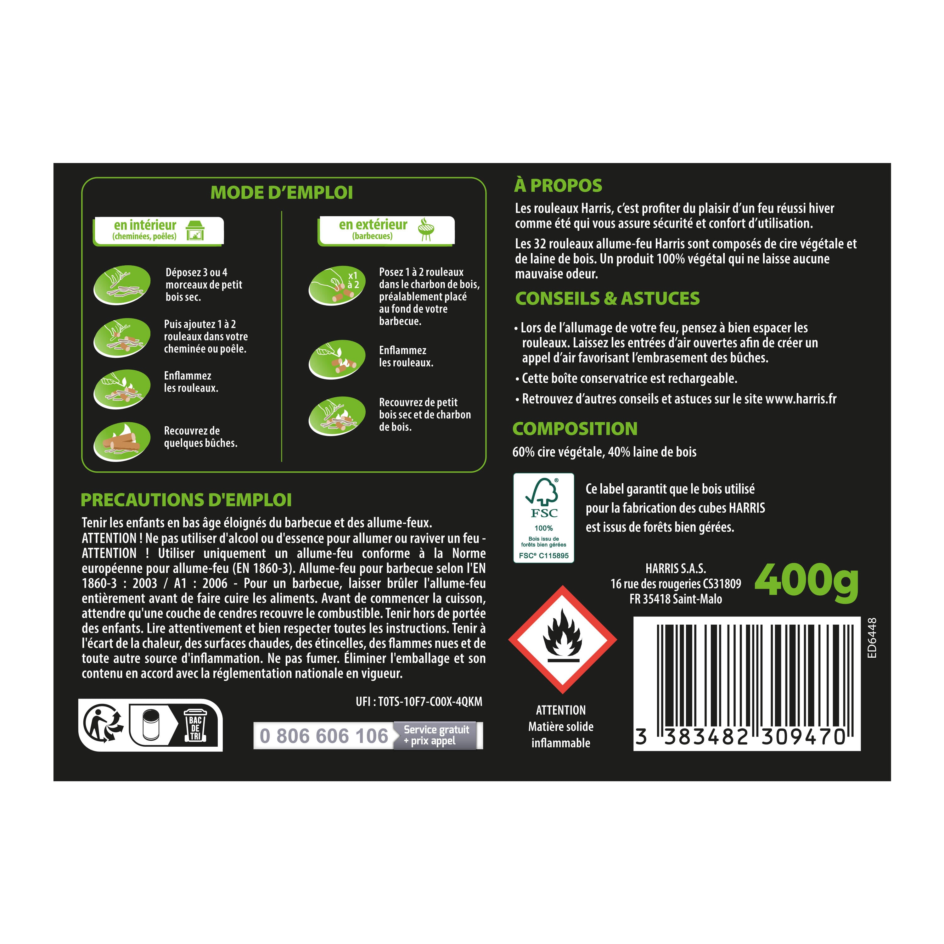 HARRIS - Cylindre Rouleaux allume feu 100% végétal x32 400g