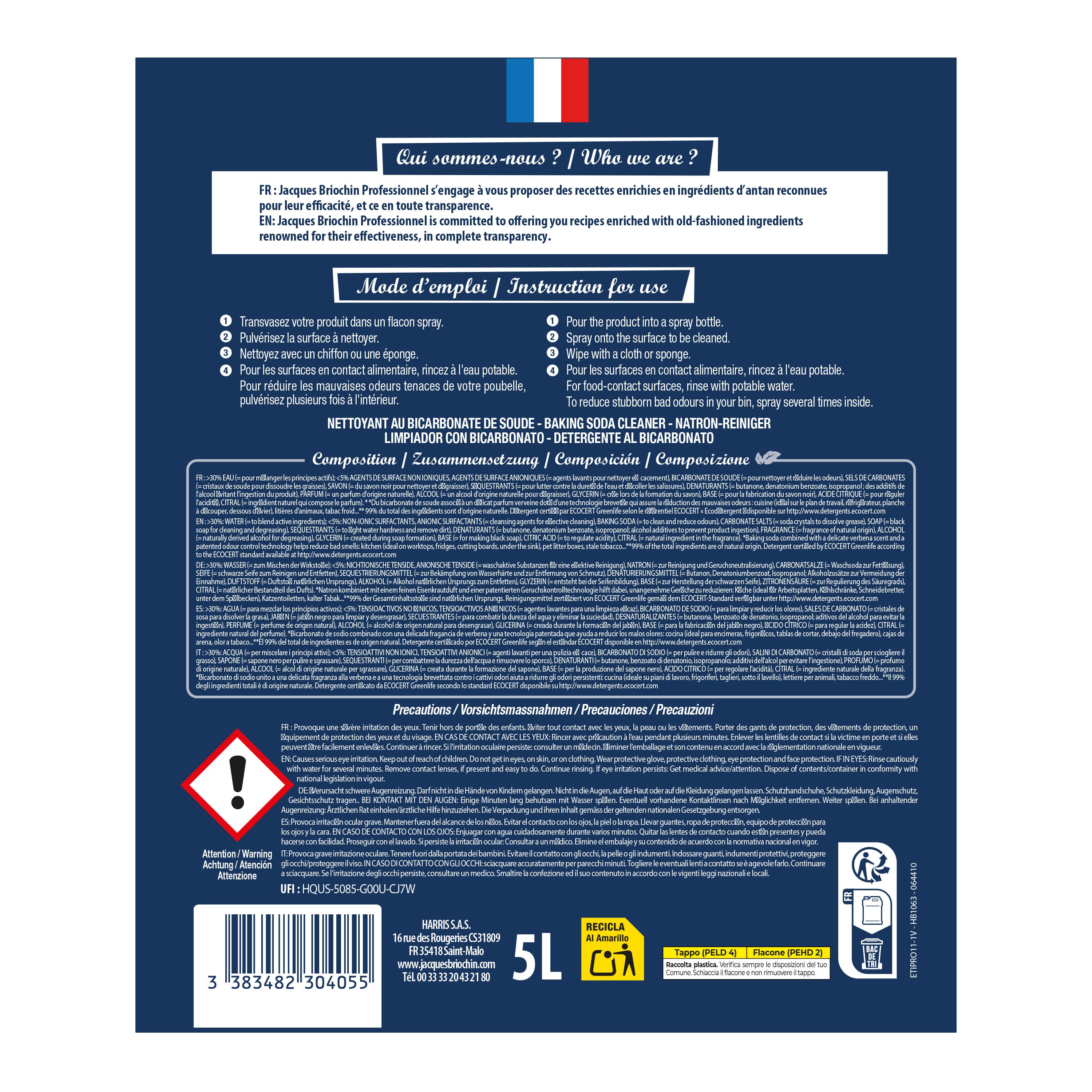 JACQUES BRIOCHIN PRO - Le Bicarbonate de Soude prêt à l'emploi 5L Parfum verveine