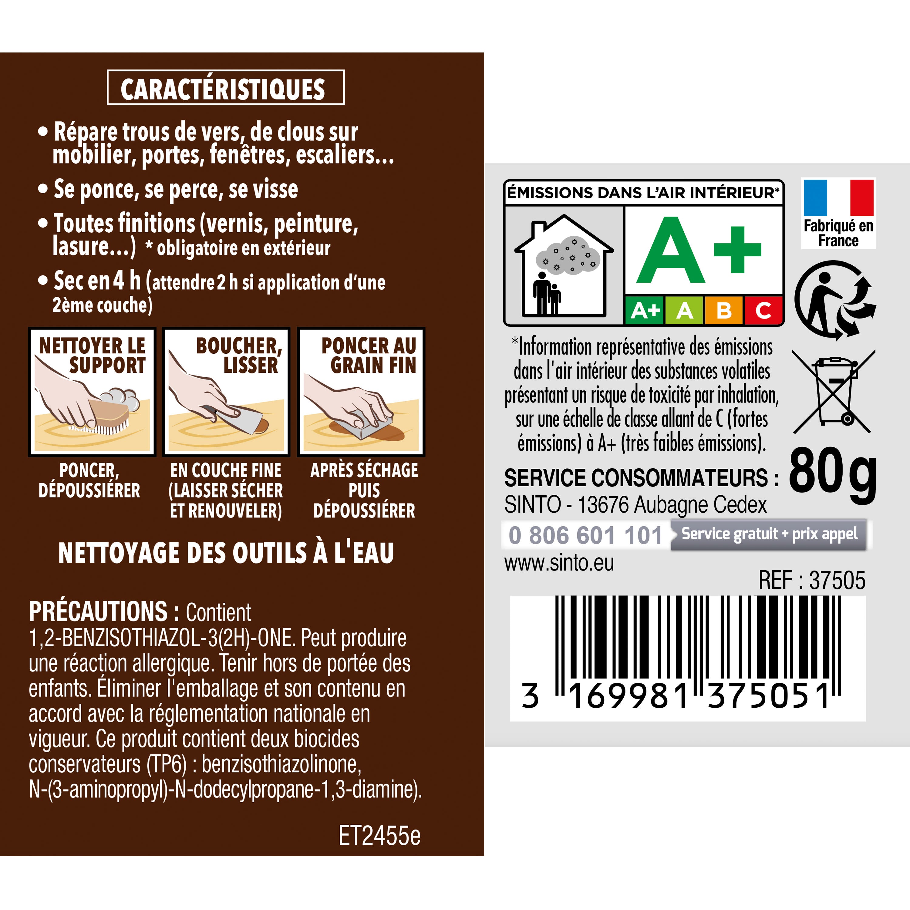 SINTO - Rebouche imperfections - Pâte à bois naturel 80g Blanc