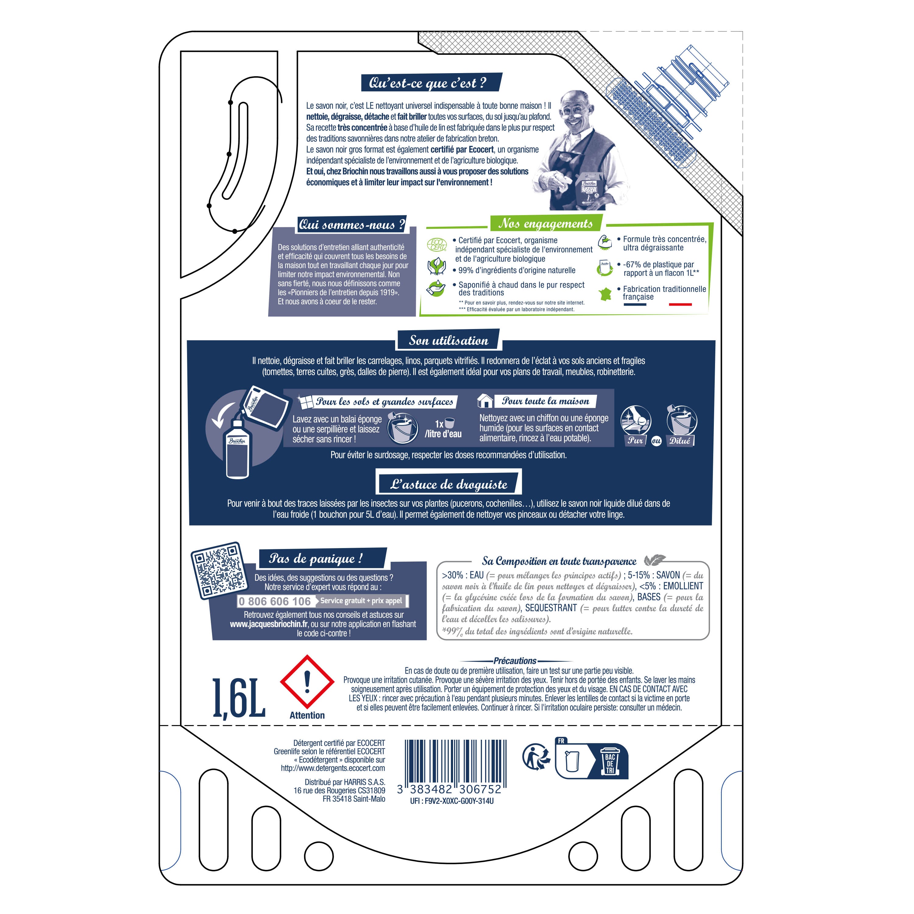 JACQUES BRIOCHIN - Savon noir liquide gros format 1,6L Sans parfum