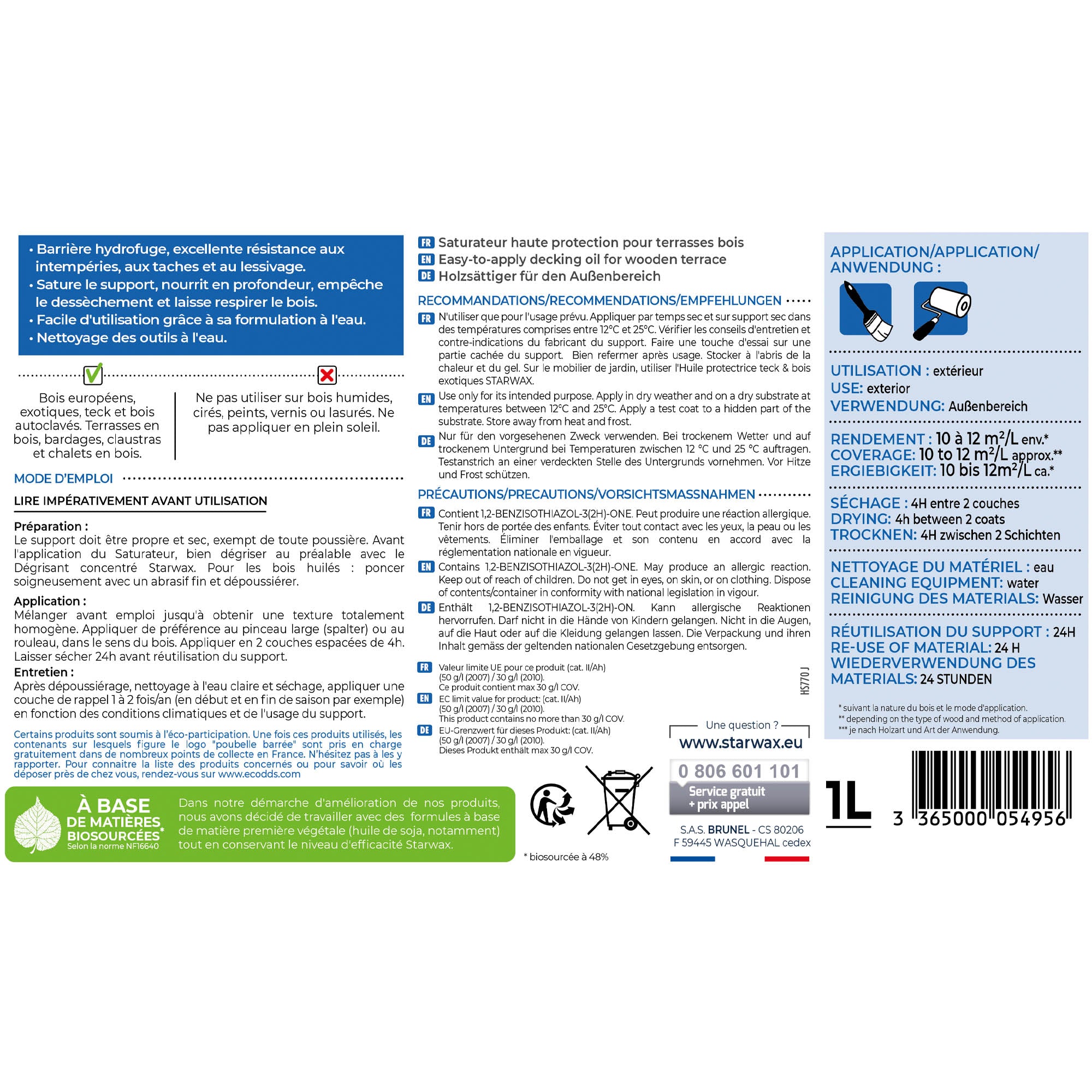 STARWAX - Saturateur Haute protection pour terrasses bois
1L Teck