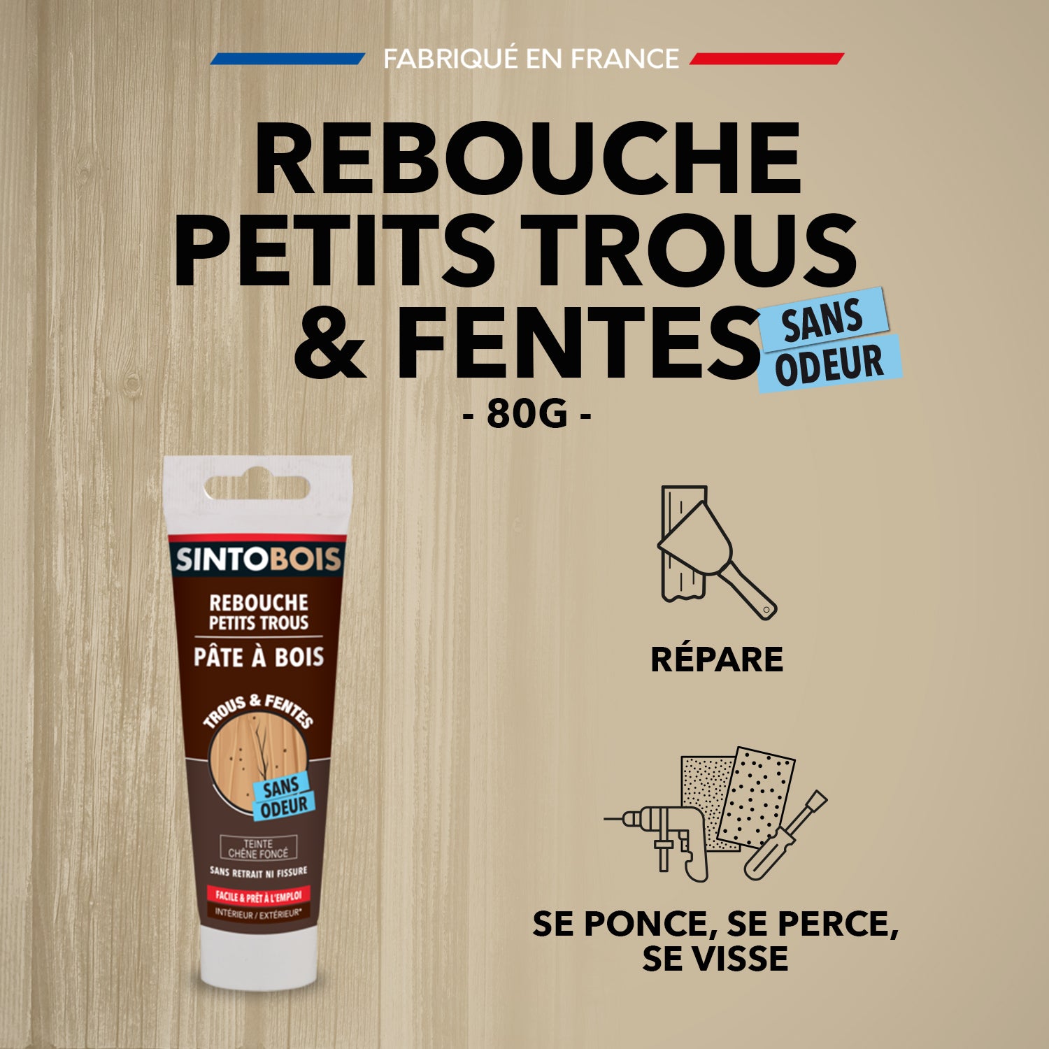SINTO - Rebouche imperfections - Pâte à bois naturel 80g Blanc