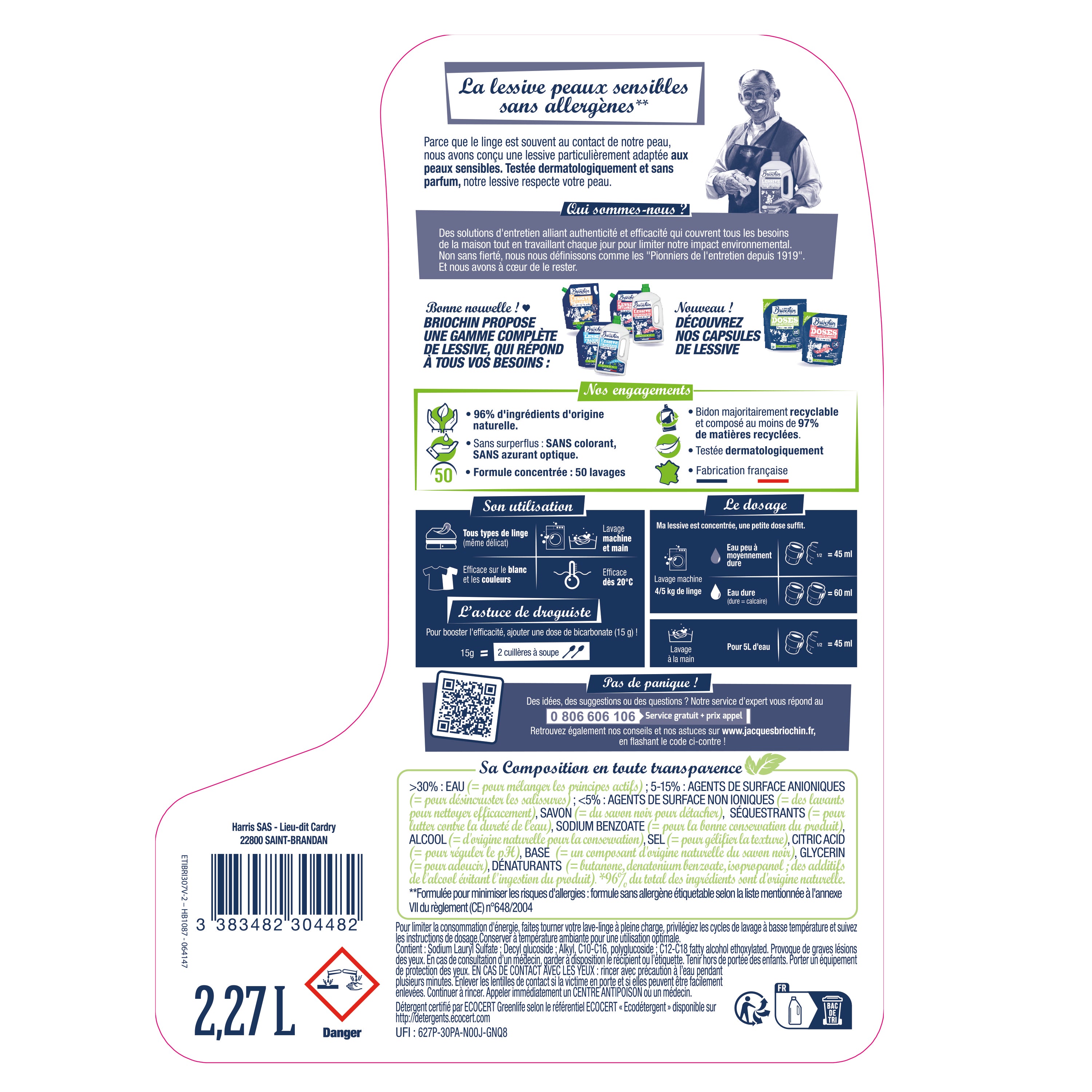 JACQUES BRIOCHIN - Ma Lessive Lessive Peaux Sensibles - Sans allergènes 2,27l Sans parfum