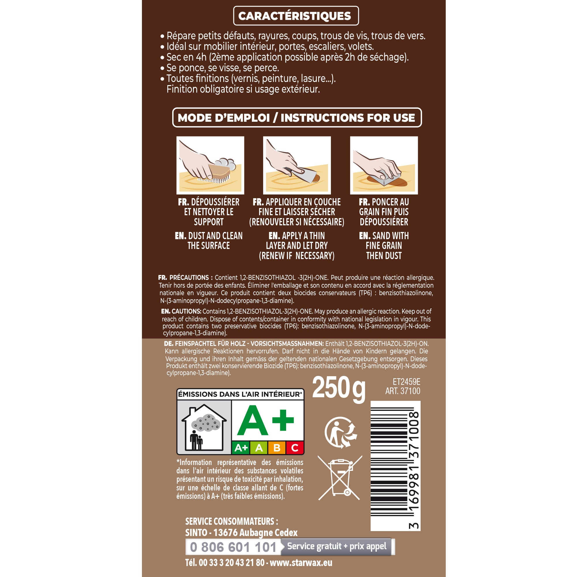 SINTO - Rebouche imperfections -  Pâte à bois naturel 80g Blanc