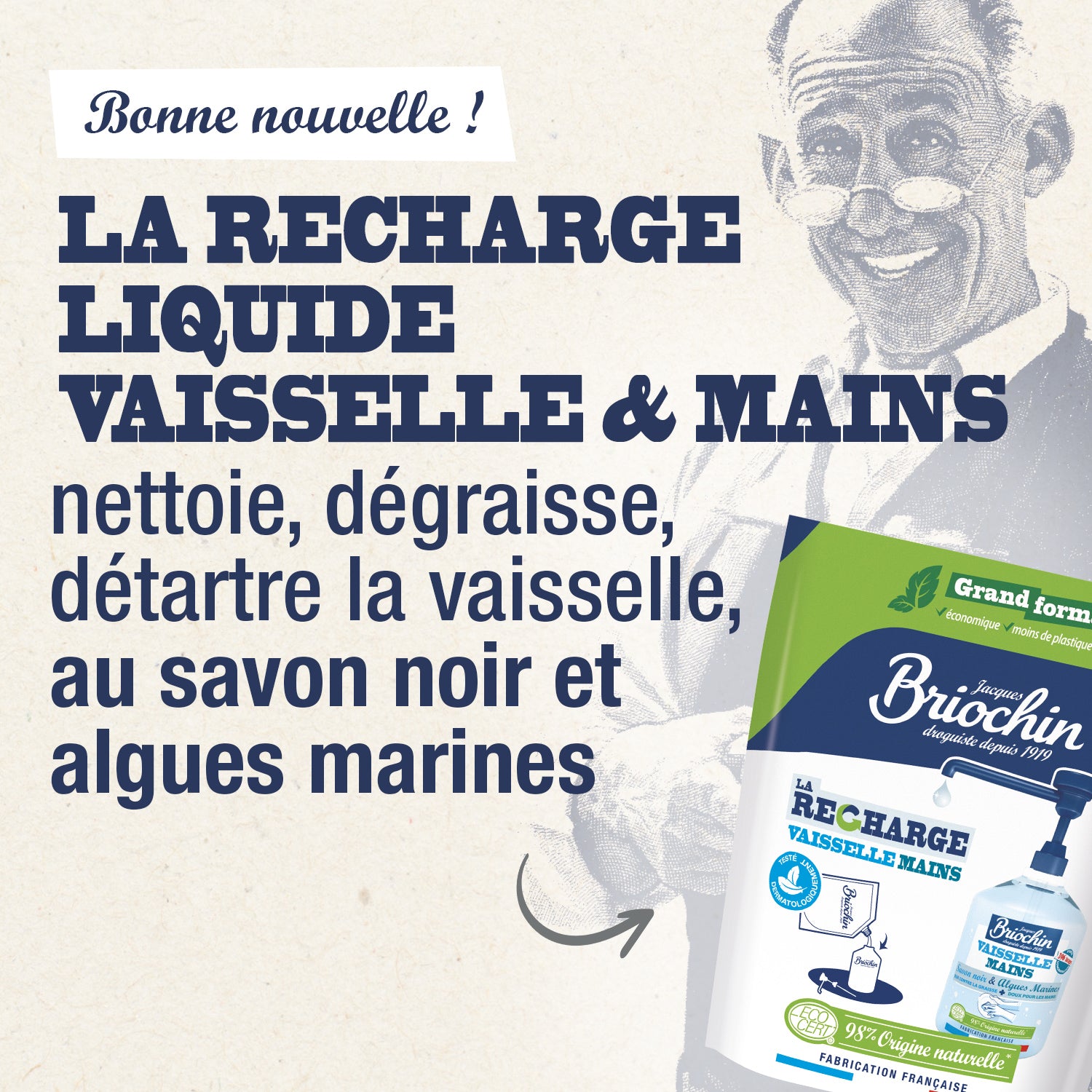 JACQUES BRIOCHIN - Recharge Liquide Vaisselle Mains Savon noir & Algues Marines grand format 900ml Algues Marines