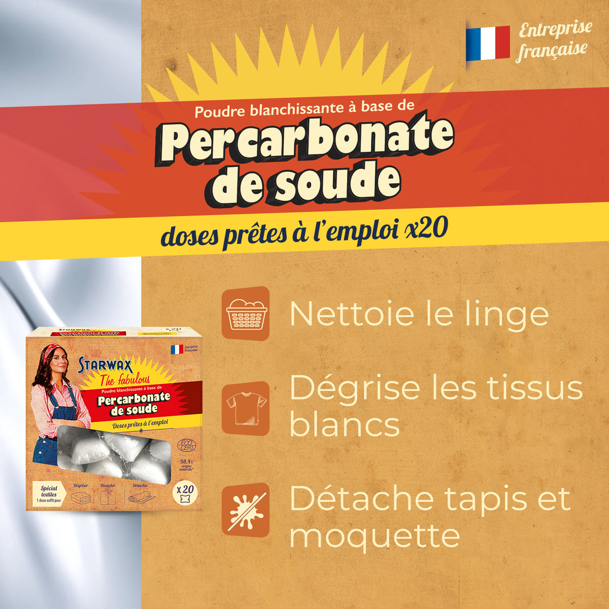 STARWAX FABULOUS - Doses prêtes à l'emploi détachantes & raviveur de blancheur – Percarbonate de Soude 20 doses
