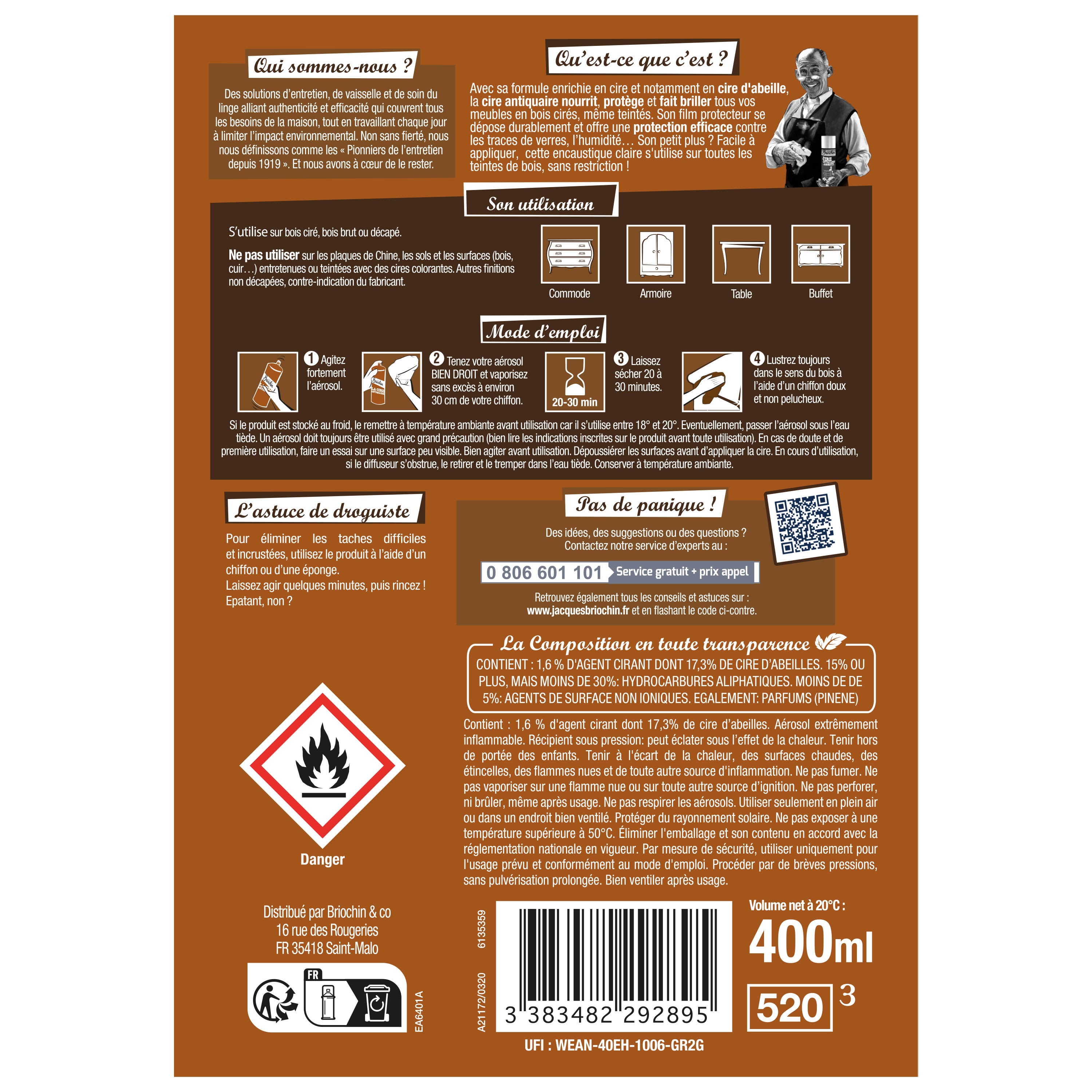 JACQUES BRIOCHIN - Cire antiquaire à la cire d'abeille 400ml