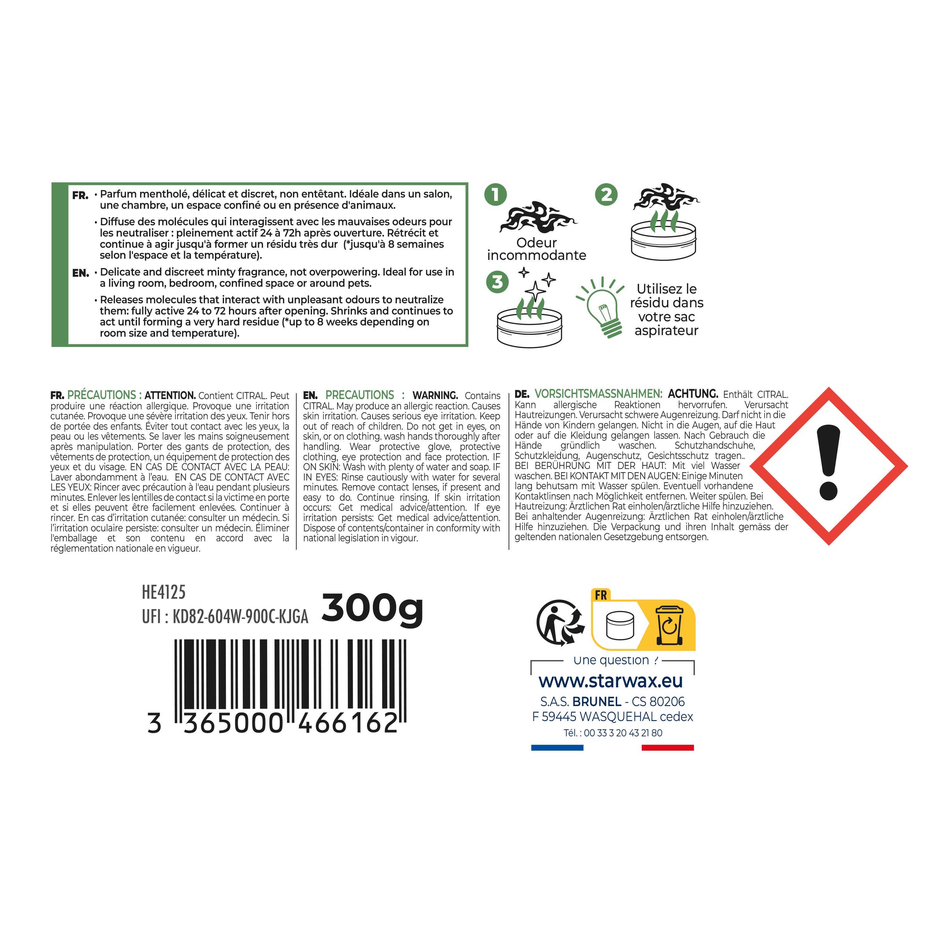 STARWAX - Destructeur d'odeurs Menthe 300g Parfum Menthe