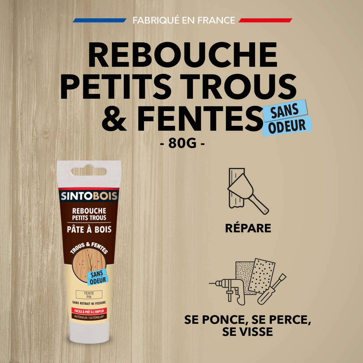SINTO - Rebouche imperfections -  Pâte à bois naturel 80g Blanc