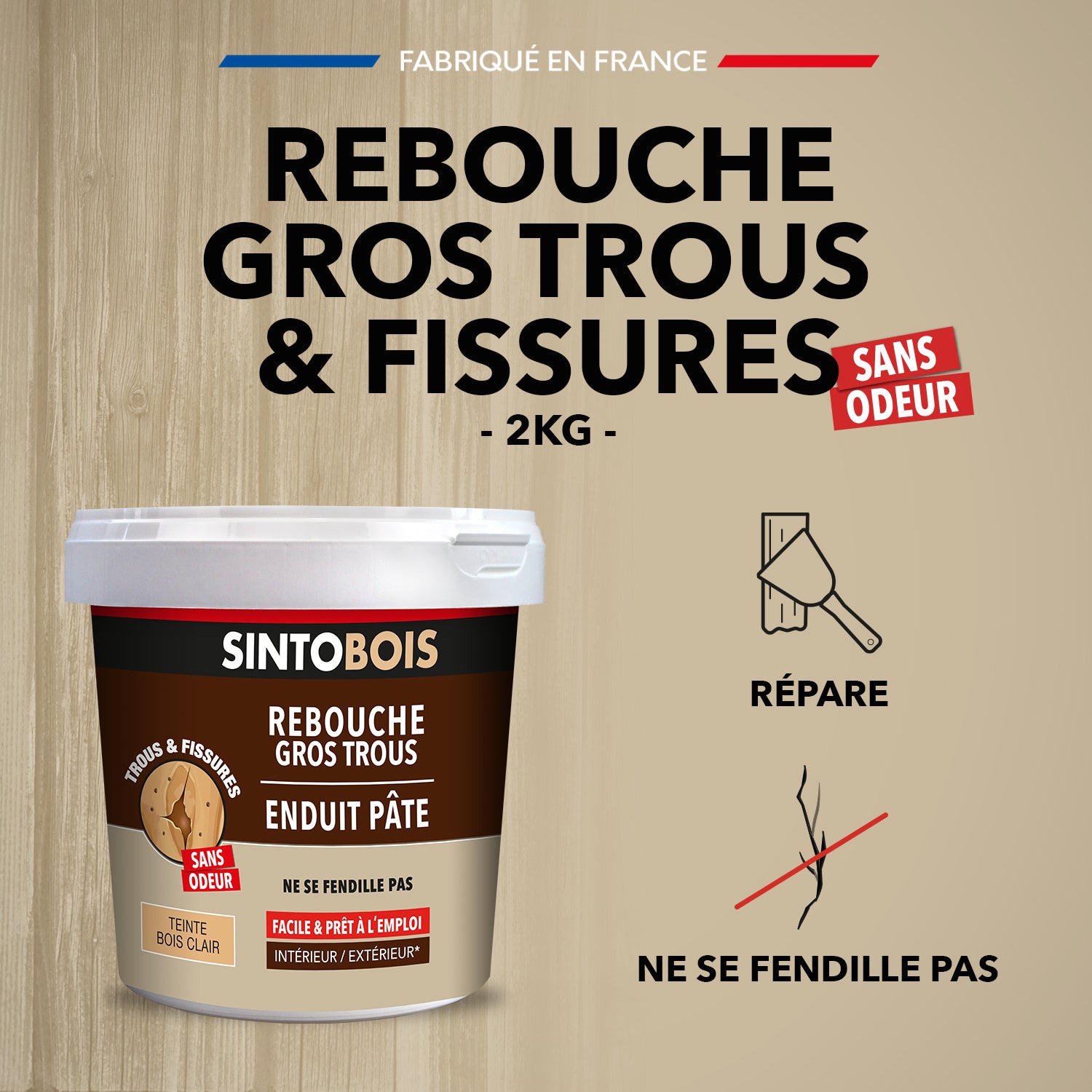 SINTO - Reboucher gros trous et fissures dans le bois clair 330g Bois clair