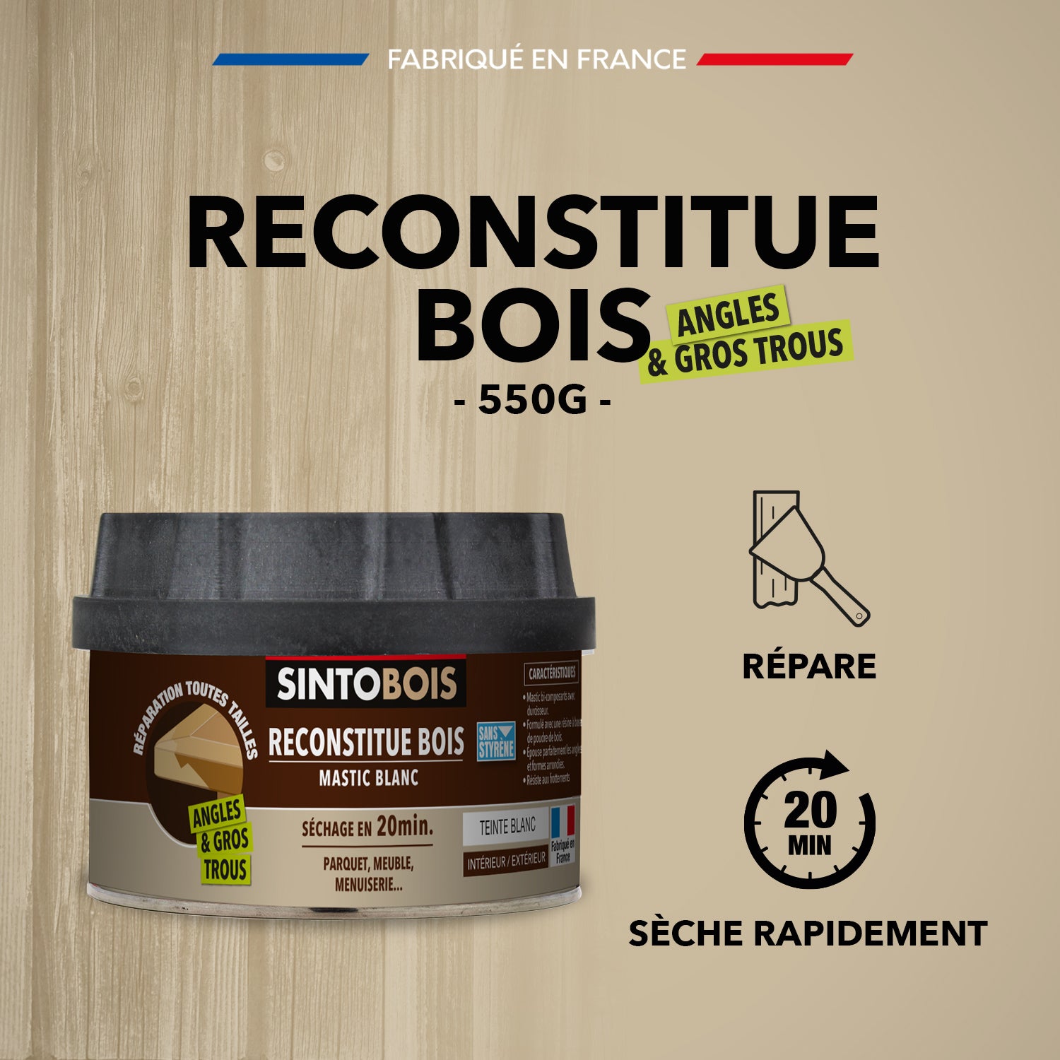 SINTO - Reconstitue angles et gros trous 500ml Chêne