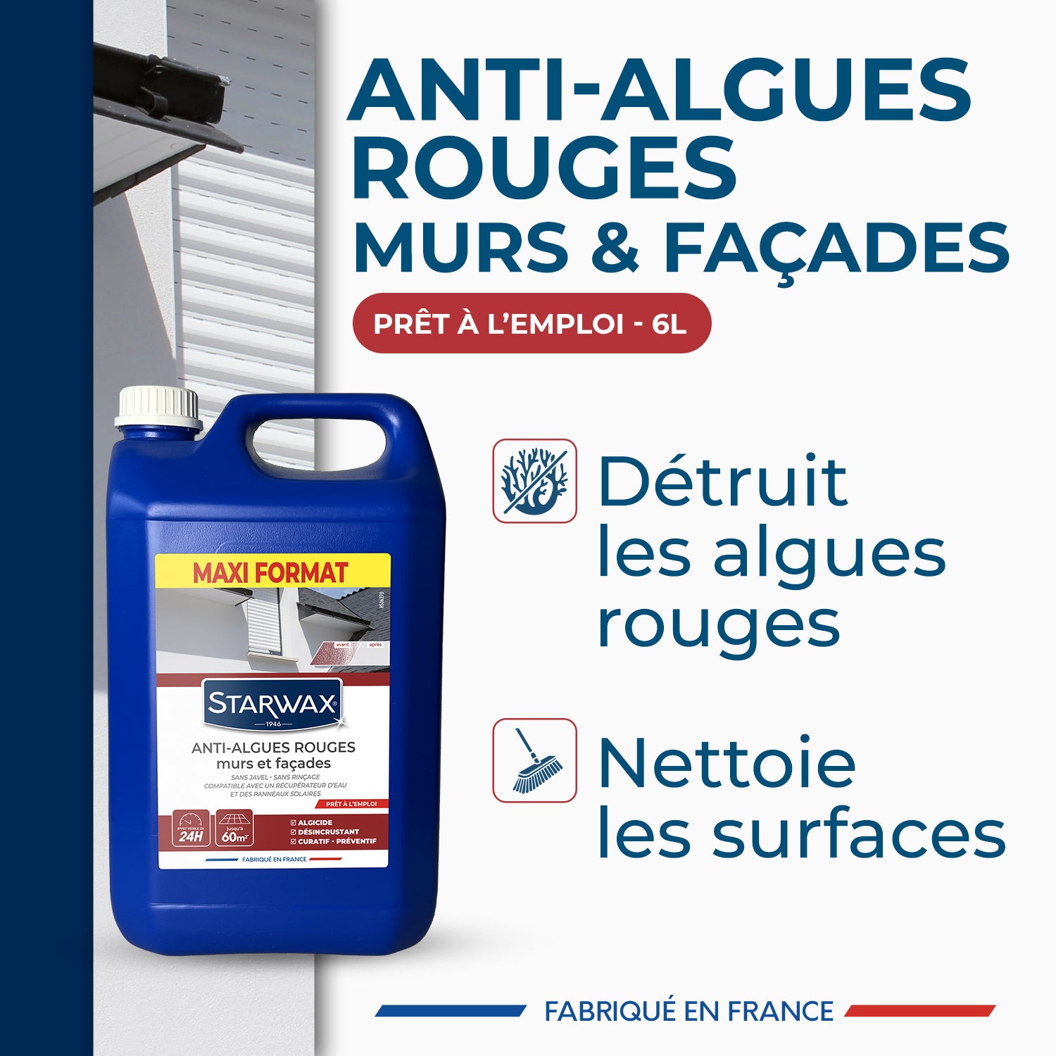 STARWAX - Traitement anti-algues rouges prêt à l'emploi pour murs et façades 6L