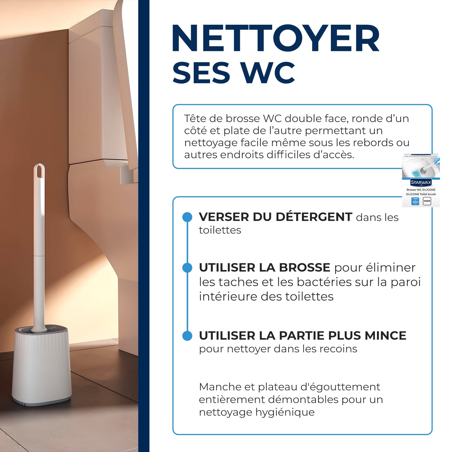 STARWAX - Brosse WC silicone avec support mural X1 Blanche