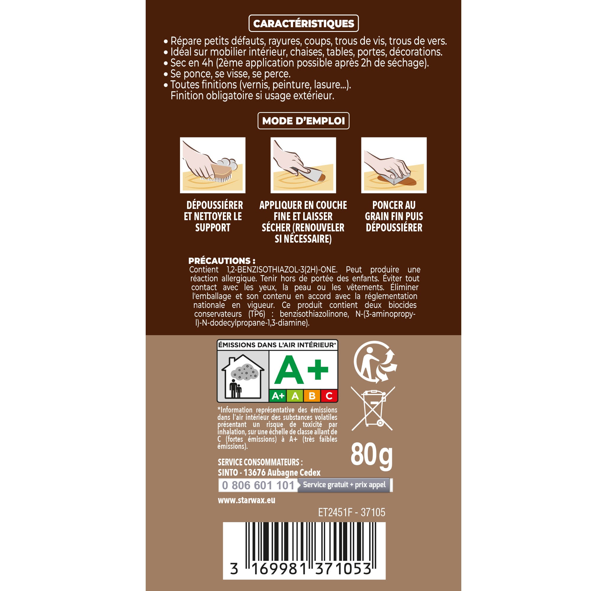 SINTO - Rebouche imperfections -  Pâte à bois naturel 80g Blanc