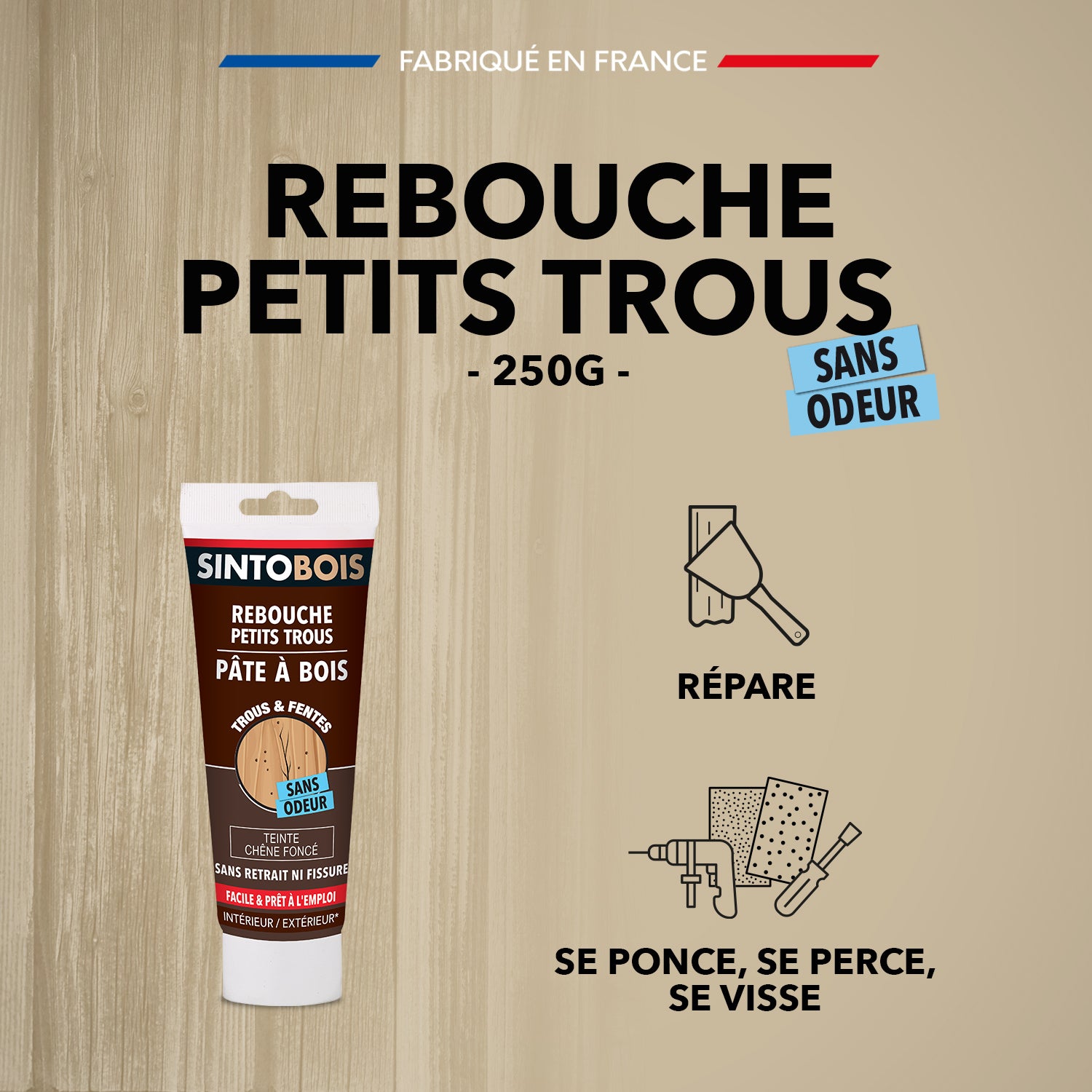 SINTO - Rebouche imperfections -  Pâte à bois naturel 80g Blanc