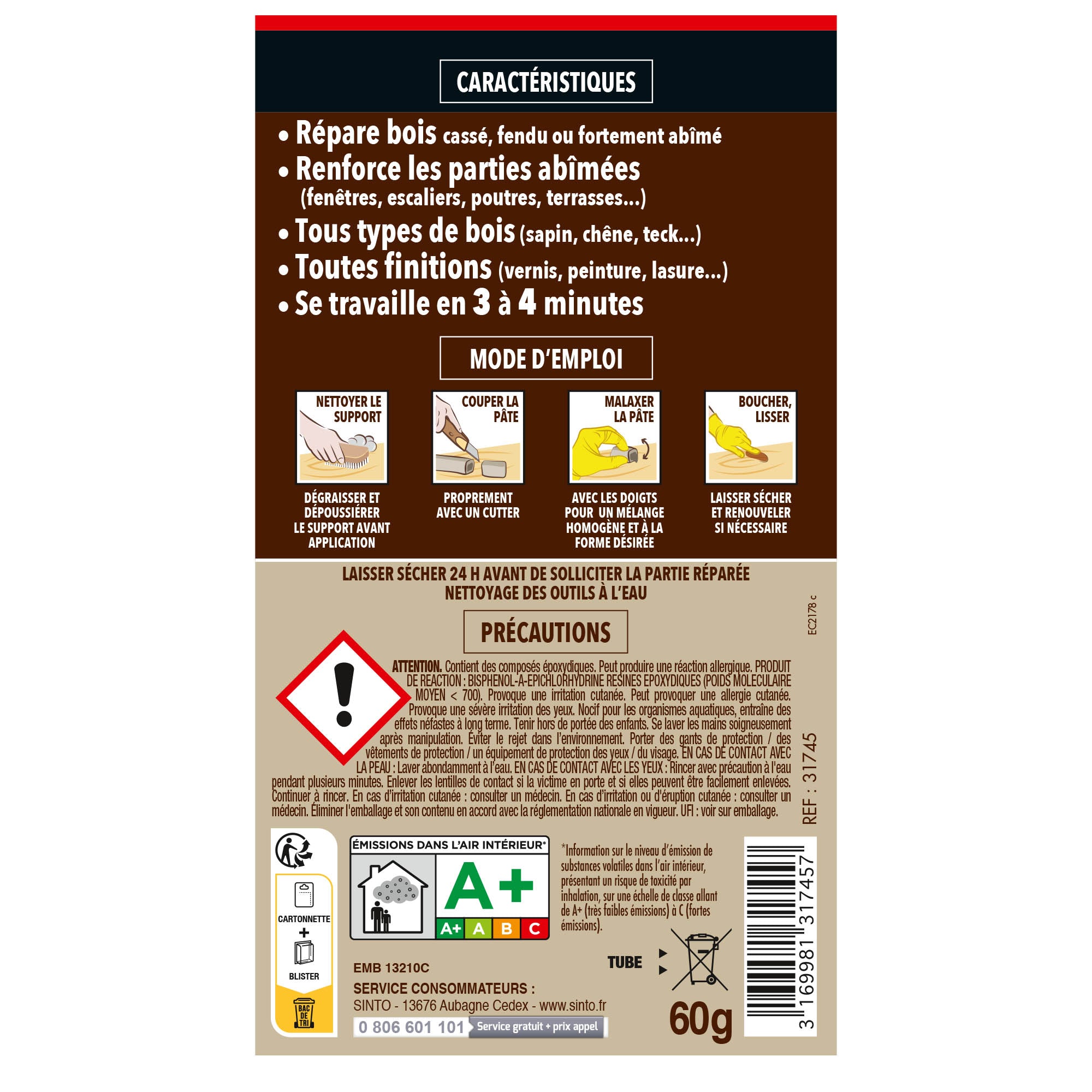 SINTO - Répare vite, pâte à réparer bois epoxy 35g Bois clair