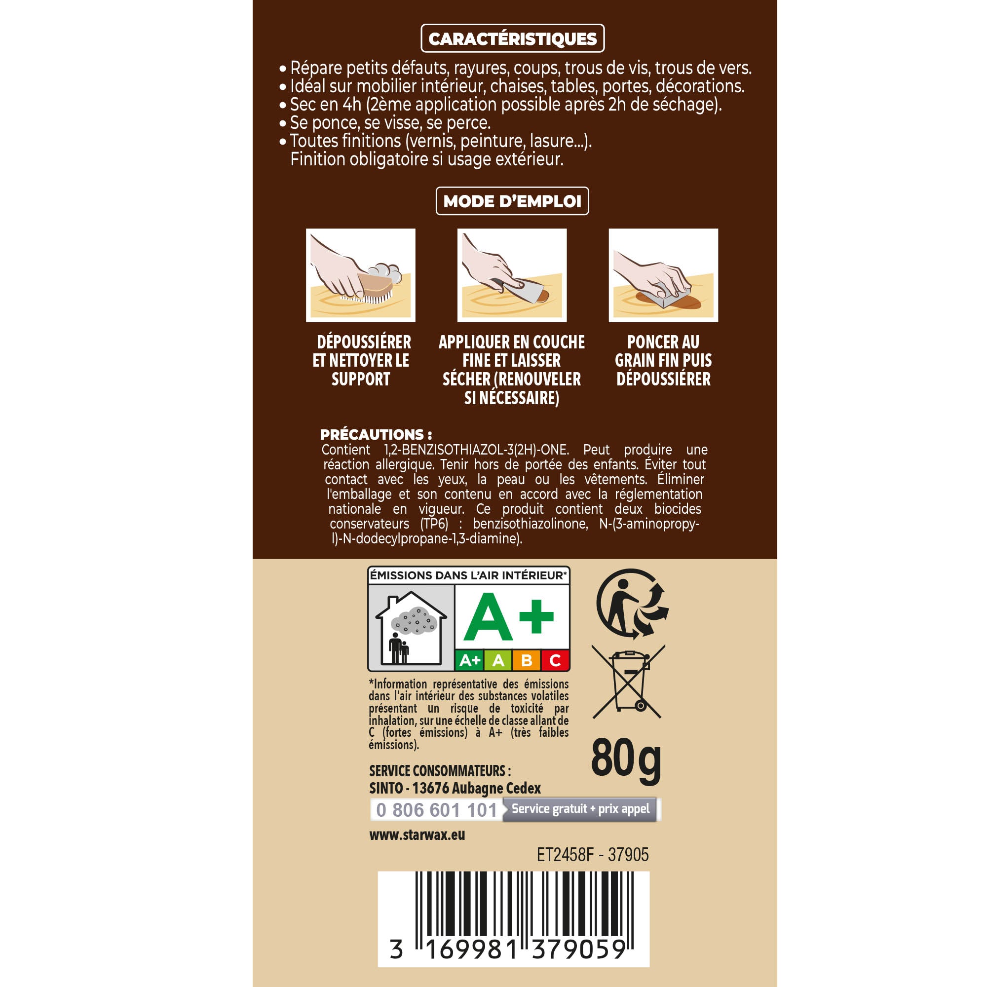 SINTO - Rebouche imperfections -  Pâte à bois naturel 80g Blanc