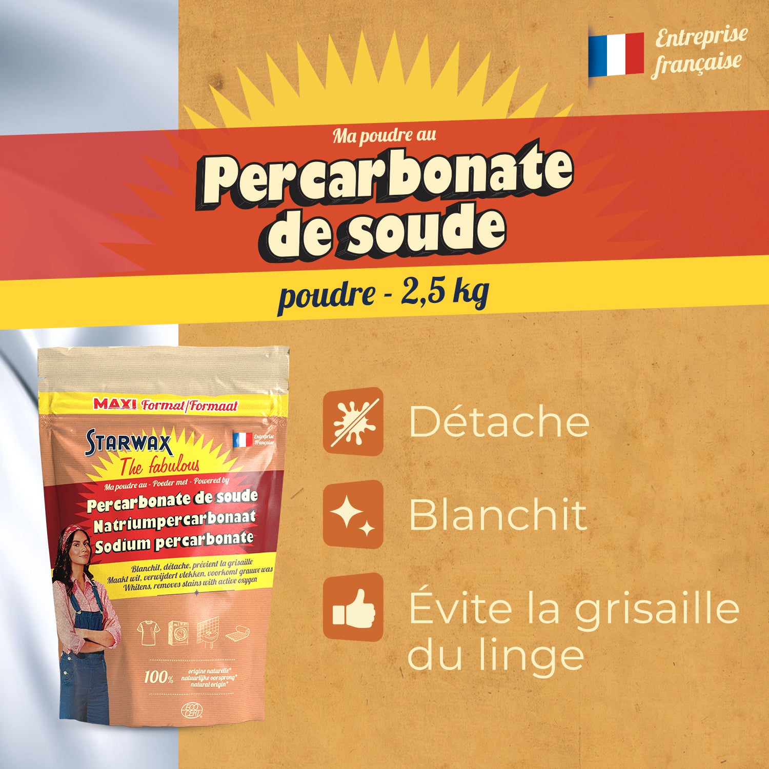 STARWAX FABULOUS - Ma poudre détachante & raviveur de blancheur au percarbonate de soude – Sachet éco 1kg