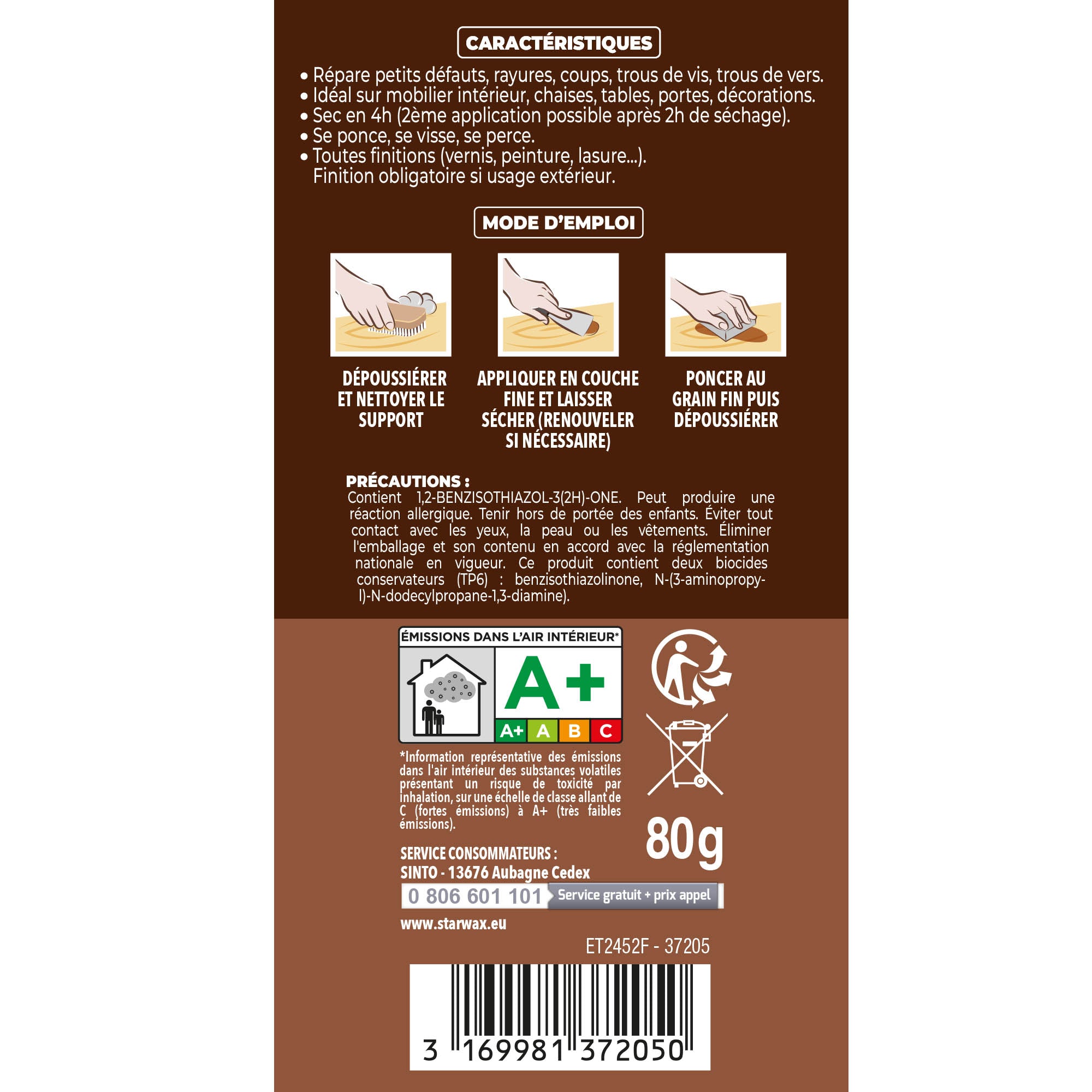 SINTO - Rebouche imperfections -  Pâte à bois naturel 80g Blanc