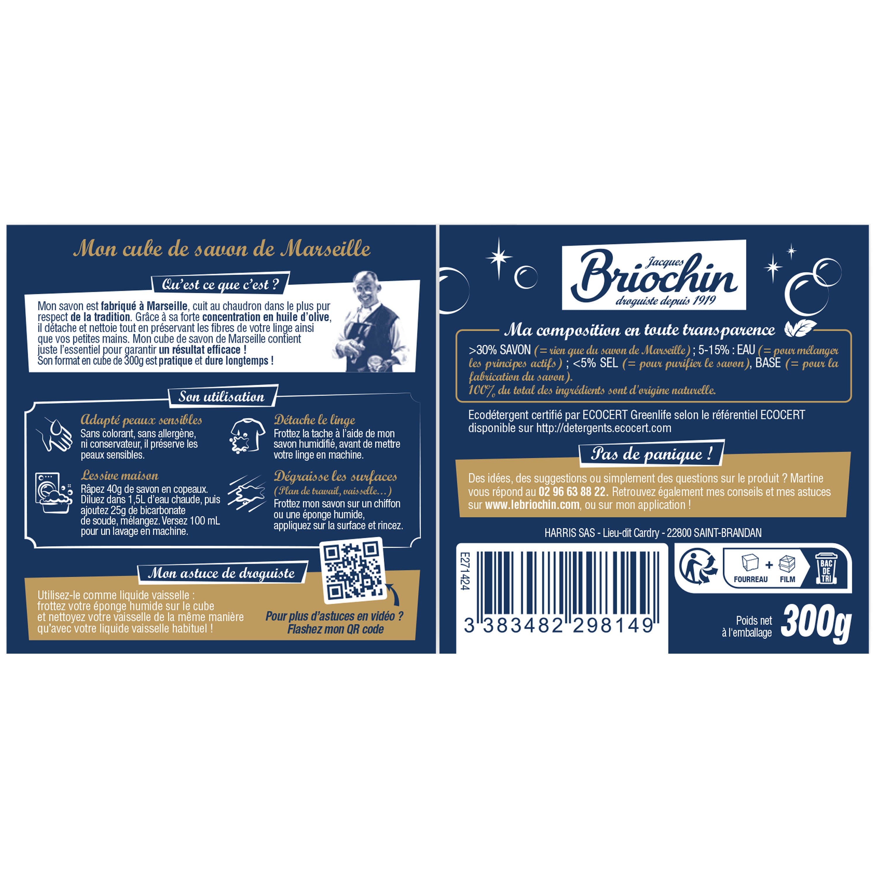 JACQUES BRIOCHIN - Cube de savon de Marseille 300g Sans parfum