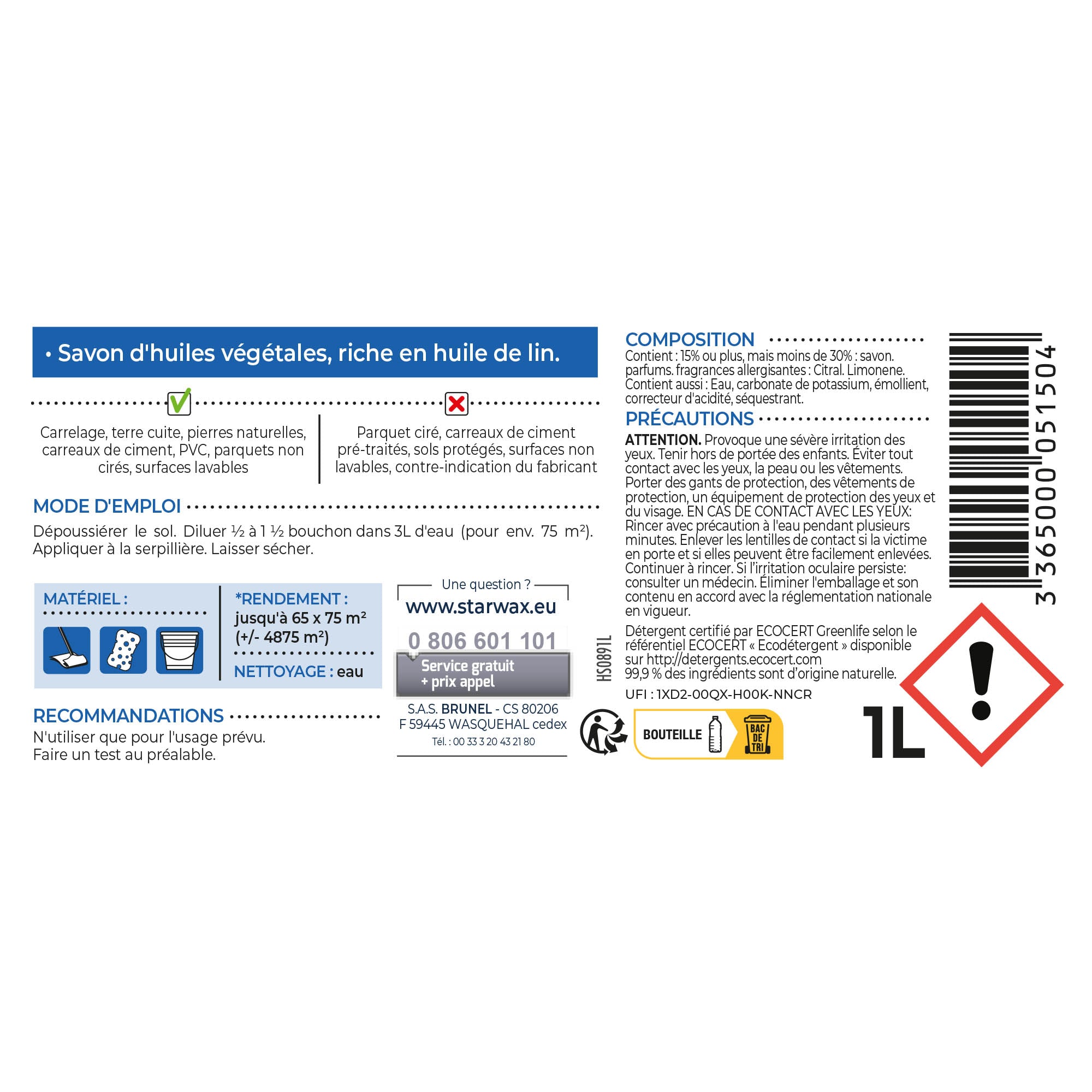 STARWAX - Savon noir à l'huile de lin pour les sols intérieurs 1L