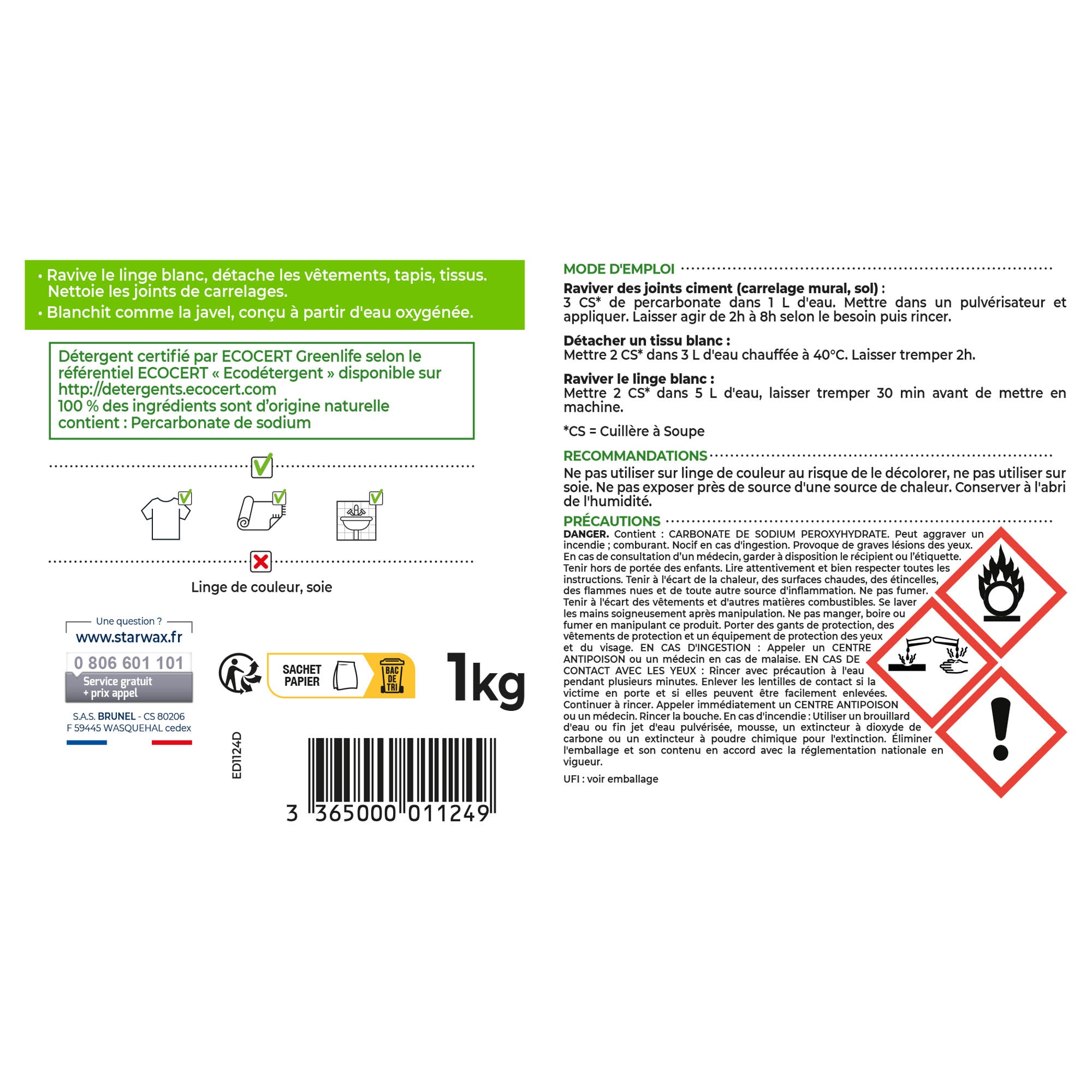 STARWAX SOLUVERT - Ma poudre détachante & raviveur de blancheur au percarbonate de soude – Sachet éco 1kg