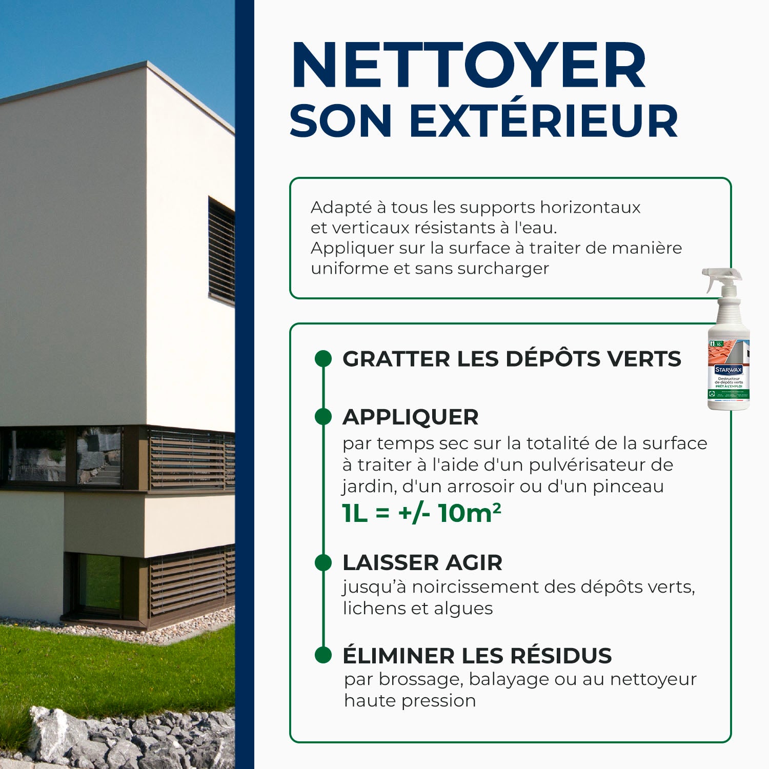 STARWAX - Destructeur de dépôts verts prêt à l'emploi pour toitures, murs et sols extérieurs 1L