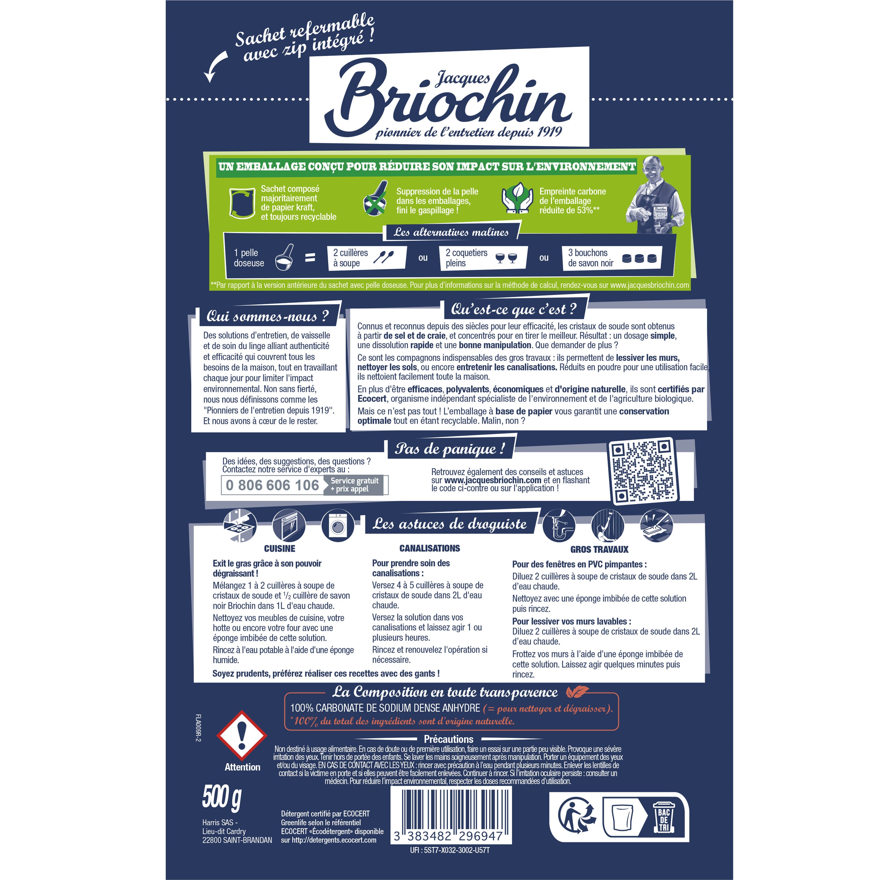 JACQUES BRIOCHIN - Cristaux de soude  en sachet Doypack 500g