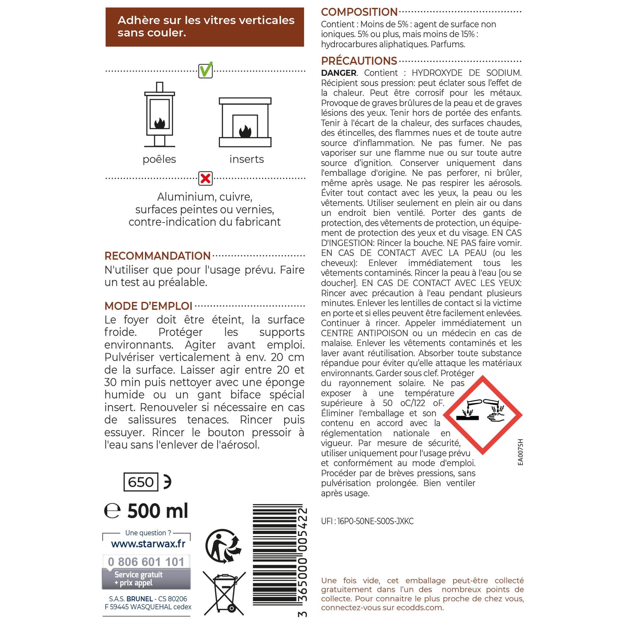 STARWAX - Mousse nettoyante inserts pour poêle et cheminée 500ml