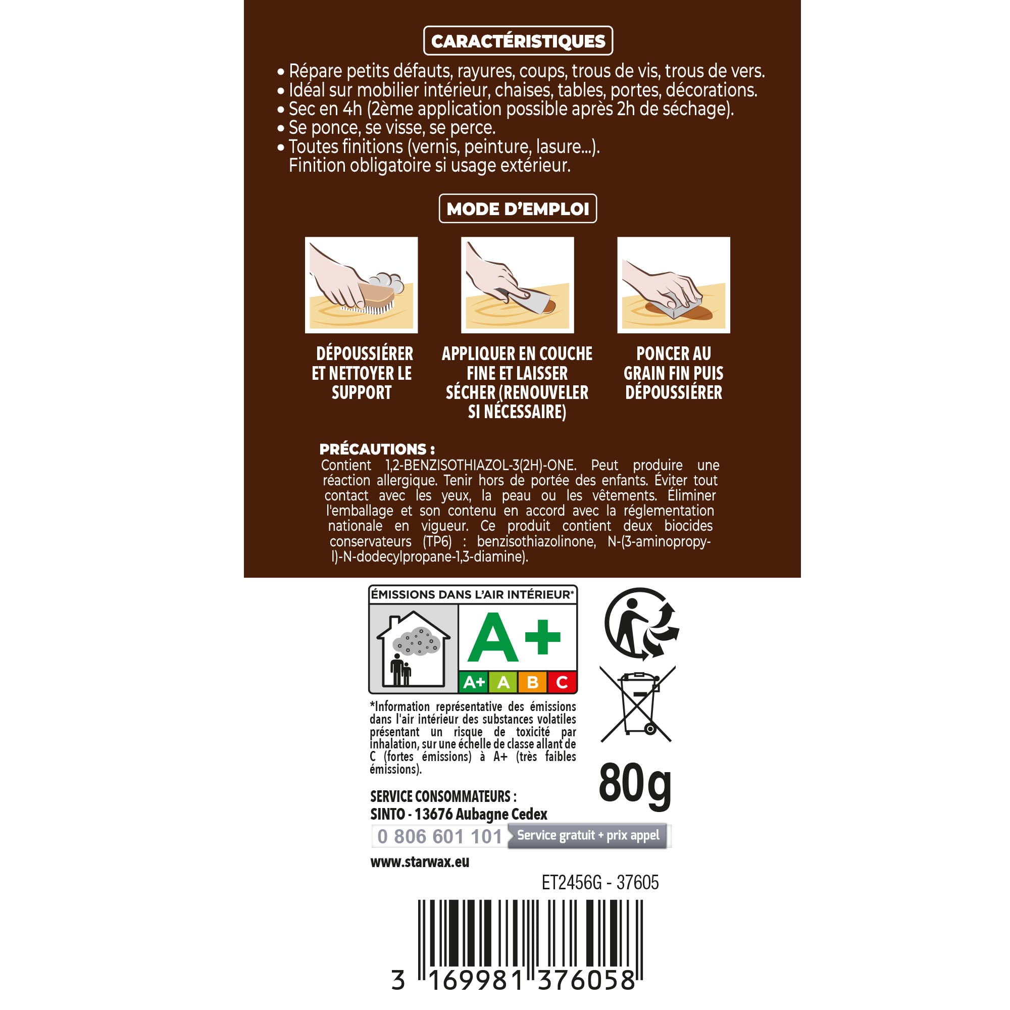 SINTO - Rebouche imperfections -  Pâte à bois naturel 80g Blanc