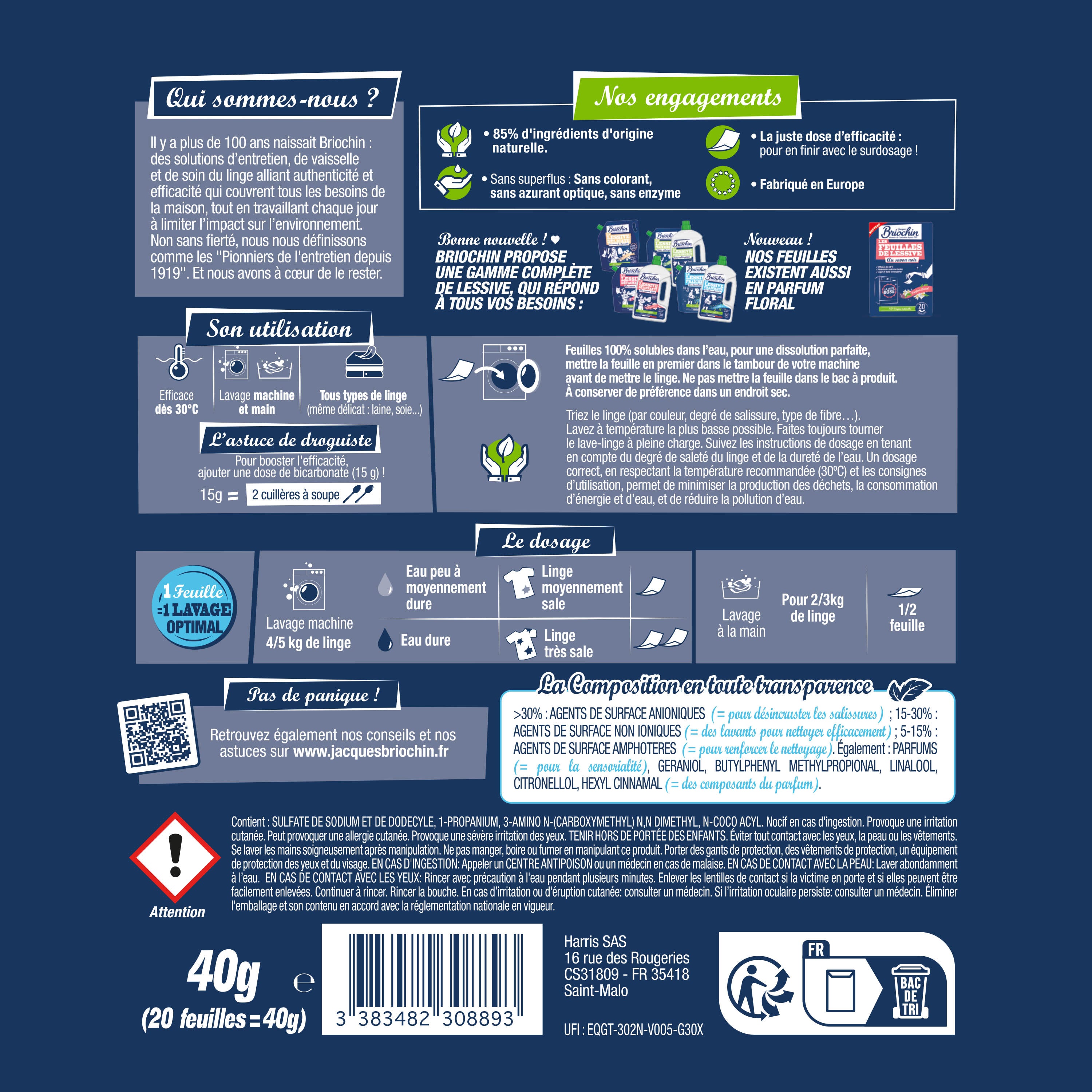 JACQUES BRIOCHIN - Feuilles de lessive au Bicarbonate parfum Brise végétale 20 feuilles Parfum Brise végétale
