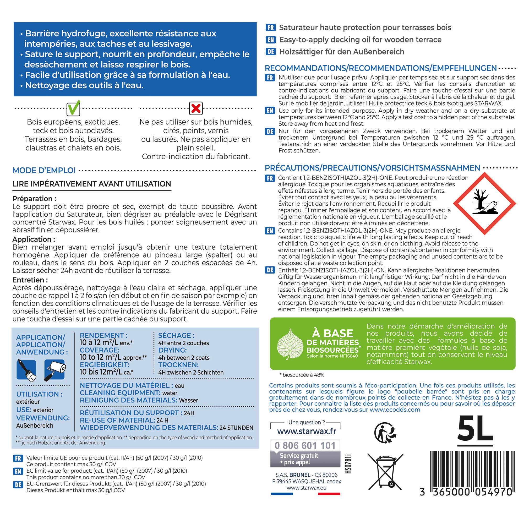 STARWAX - Saturateur Haute protection pour terrasses bois
 1L Teck